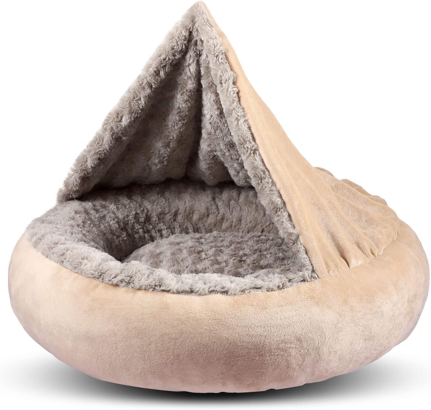 GASUR Small Dog & Cat Bed, 23” Donut Pet Bed Mat with Hooded Blanket, Anti-Anxiety Burrow Cave Bed, Cozy Puppy Bed, Machine Washable, for Indoor Pets up to 20lbs