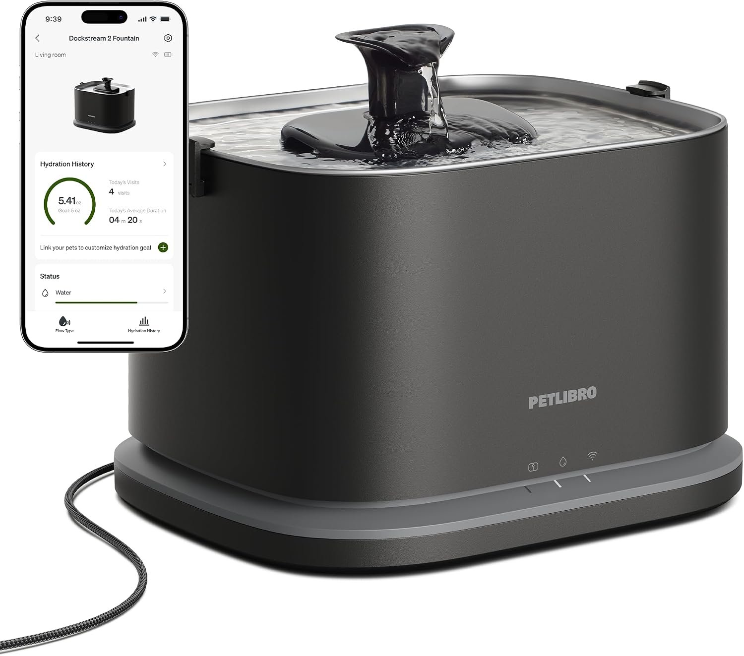 PETLIBRO Upgrade Cat Water Fountain Stainless Steel Tray, Dockstream 2 Cat Fountain Indoor, 3L/101oz Auto Cat Fountains for Drinking, App Monitoring Pet Water Fountain Dog, 5G WiFi Cat Water Dispenser