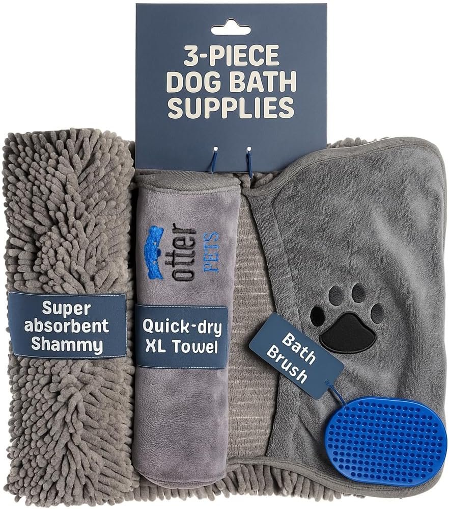 OtterPets 2 Dog Towels and Dog Bath Brush 3-Piece Set, Absorbent Dog Shammy