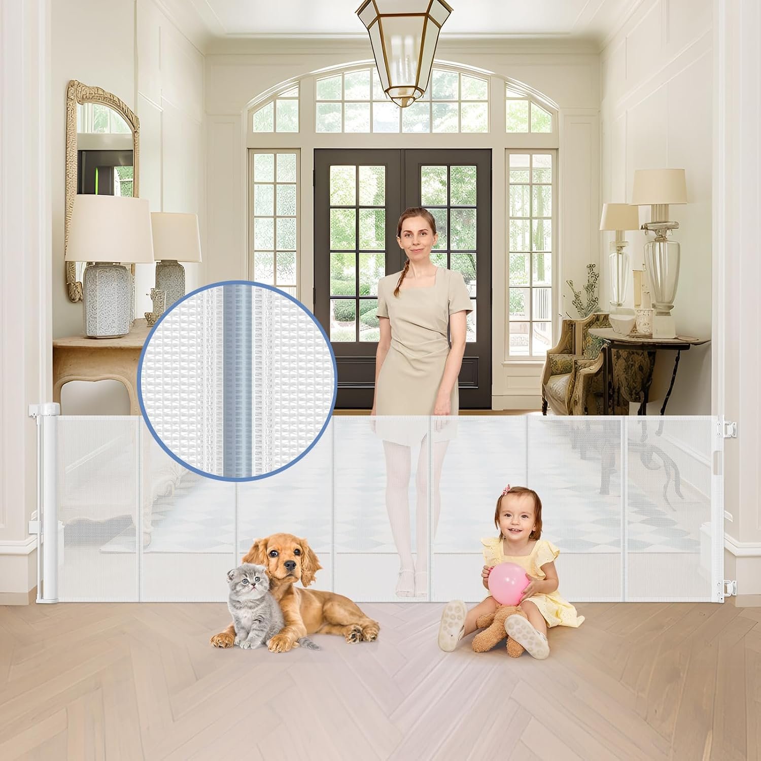 Reinforced 90 Inch Wide Retractable Baby Gates for Doorways Extra Wide Outdoor Retractable Gate for Dogs Reinforced Bottom to Prevent Crawling Through Mesh Baby Gate Long Dog Gates Indoor Extra Long