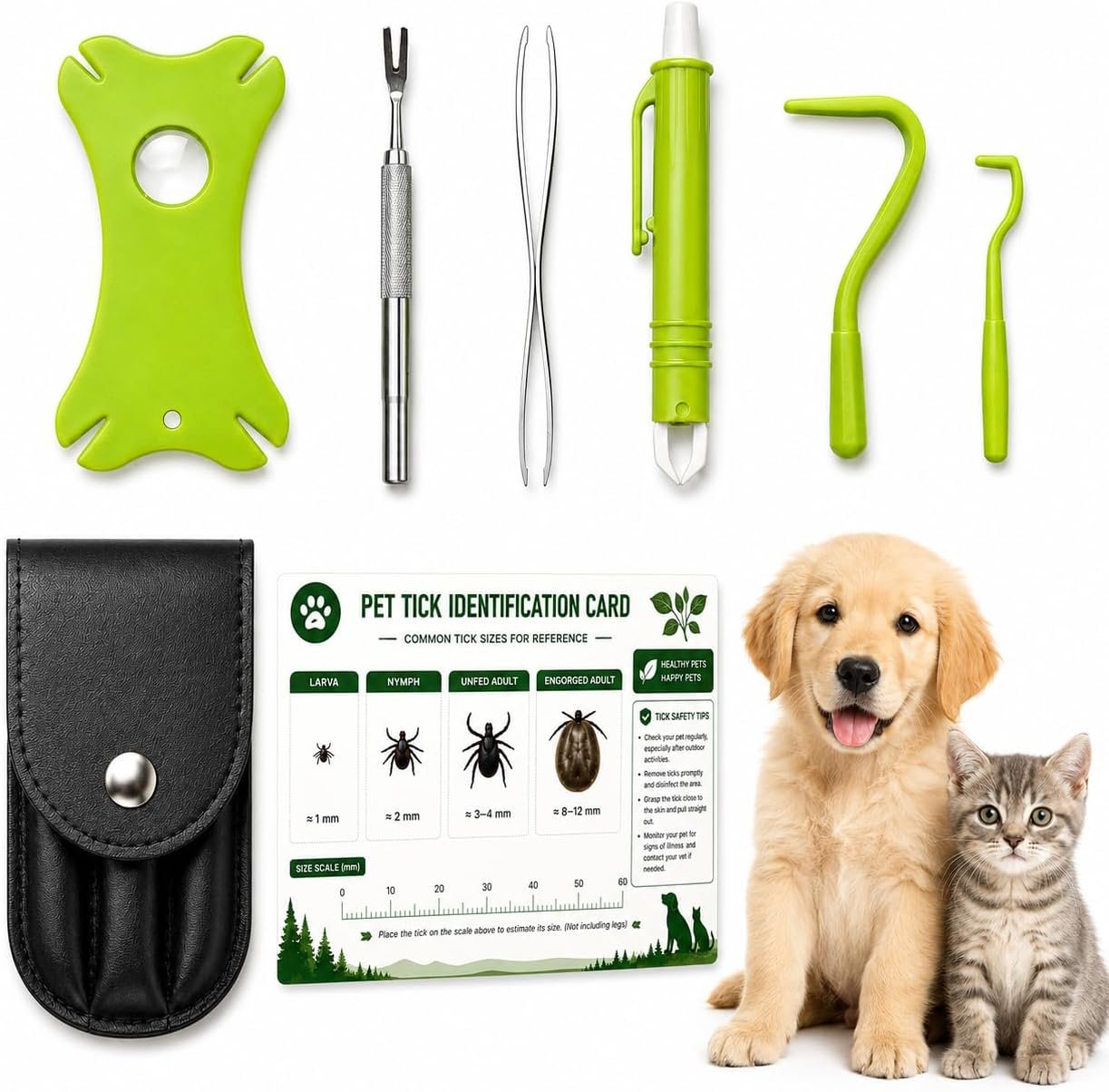 Tick Removal Kit with Leather Case & Tick Identification Card, Complete Tick Remover Set with Tick Hook, Tweezers, Magnifying Glass for Dogs Cats Humans, Portable Tick Removal Tool