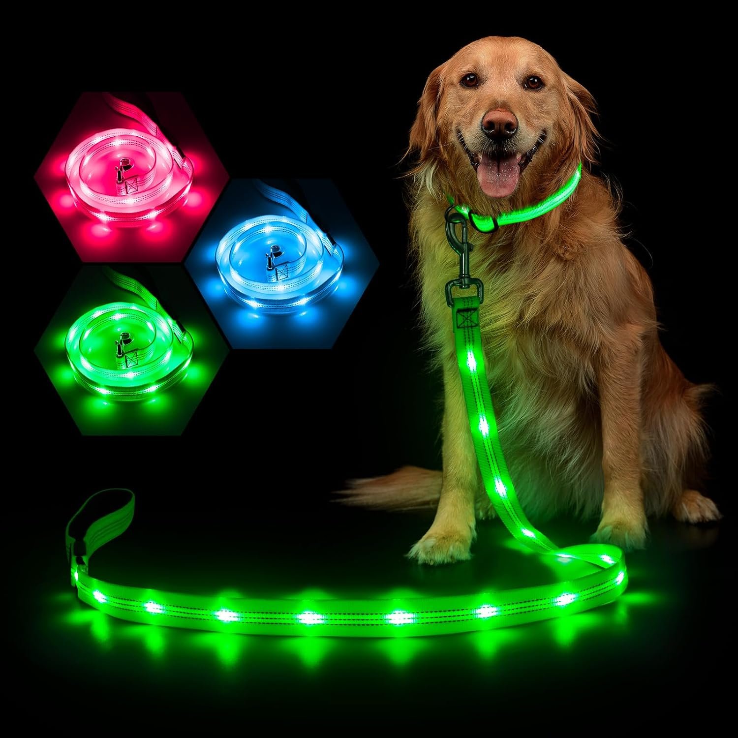 Weesiber Glowing Light Up LED Dog Leash – 4ft USB Rechargeable Flashing Nylon Leash for Small Medium Large Dogs, 3 Flash Modes (Green)