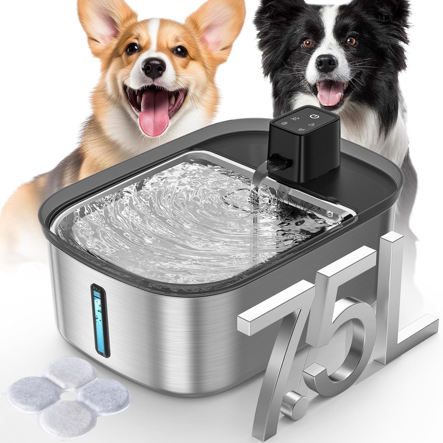 Chumajor 7.5l Wireless Dog Water Fountain Stainless Steel with 1 Pc Filter