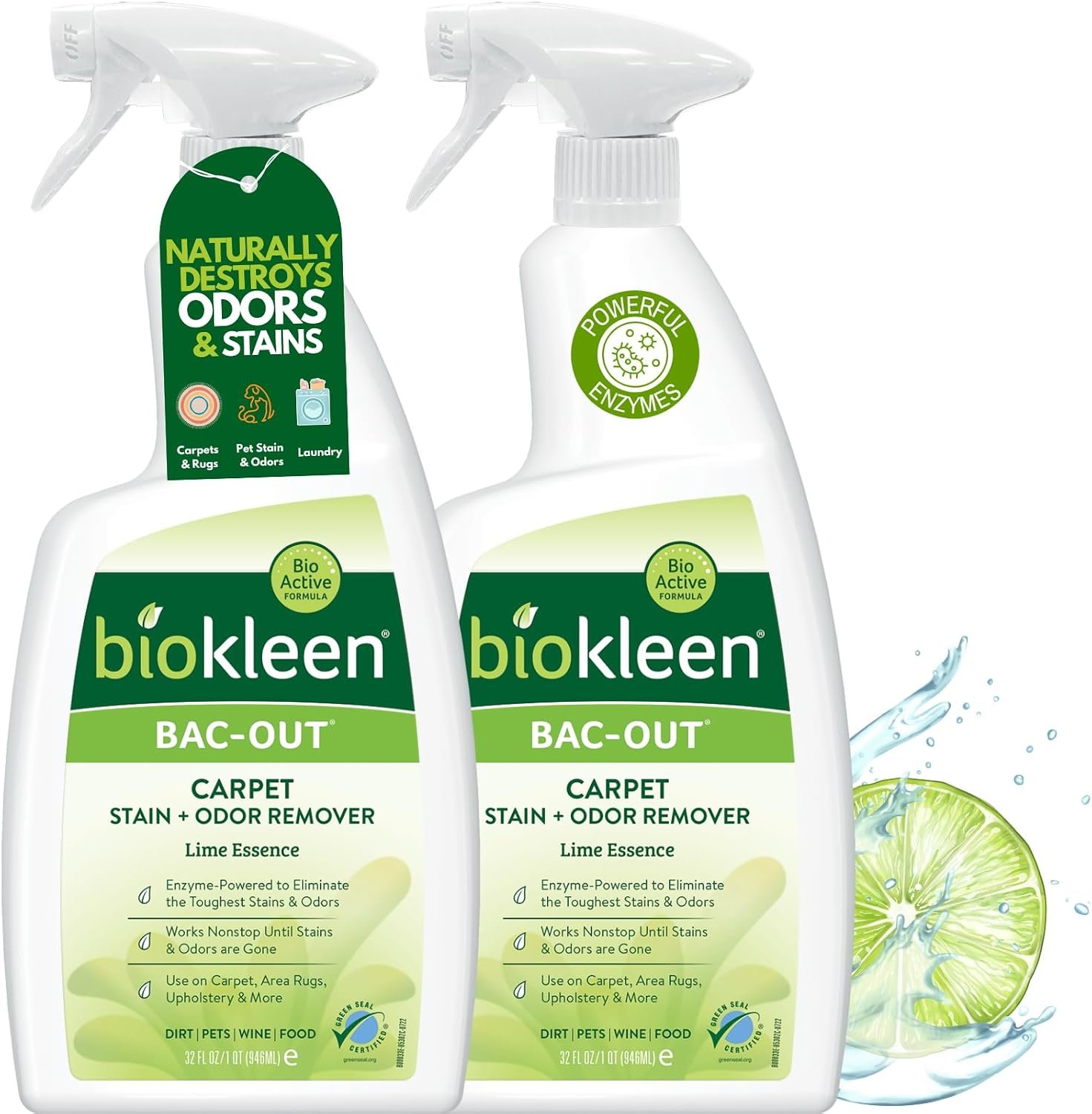 Biokleen Bac-Out Enzyme Cleaner Spray and Stain & Odor Remover for Pet Stains, Laundry, Diapers, Wine, Carpets, & More, Eco-Friendly, Non-Toxic, Lime Scent, 32 Ounces (Pack of 2)