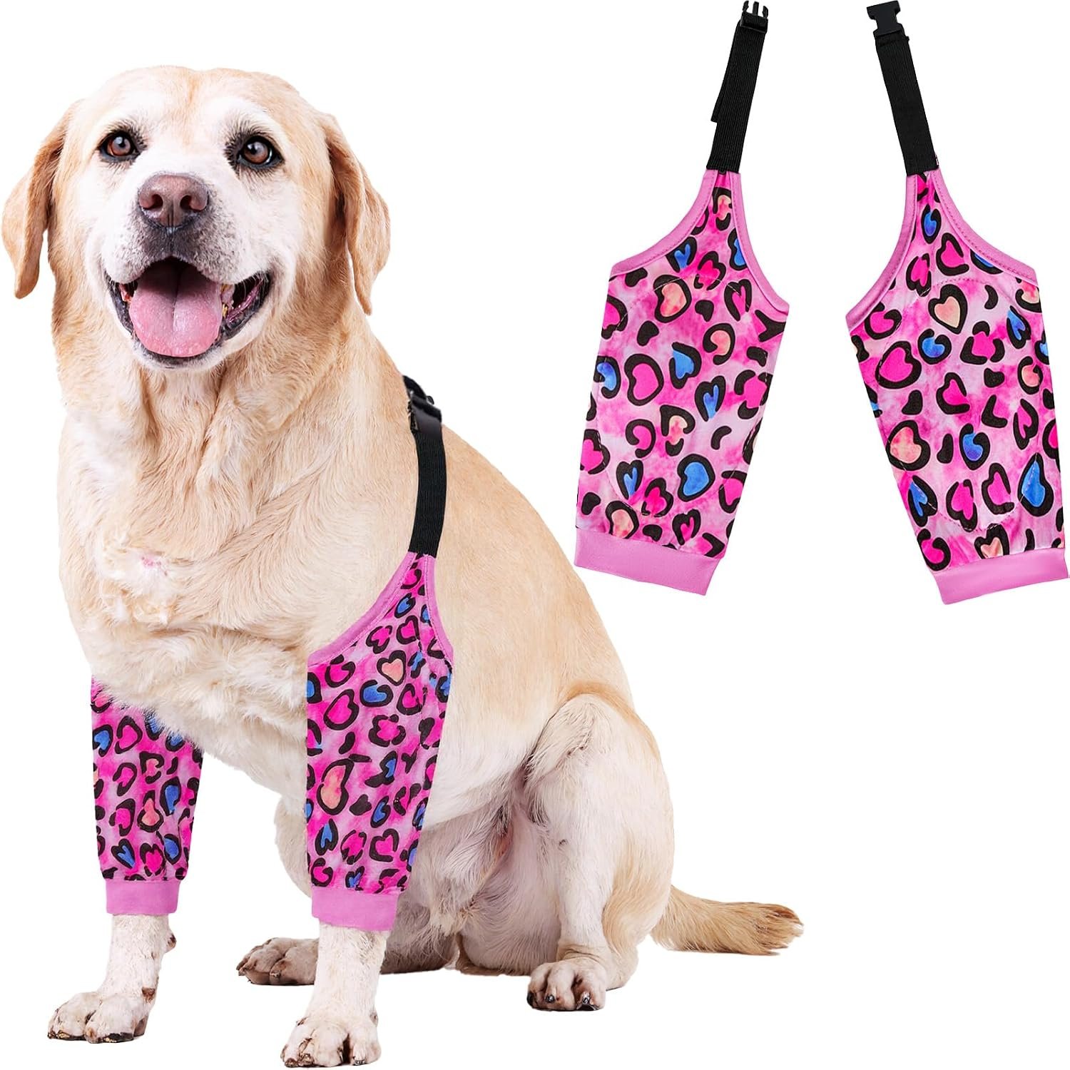 Dog Elbow Wraps Knee Protector Pads Elbow Callus Treatment Sleeve for Wounds Front Legs Prevent Licking for Medium Large Dogs 2XL, Leopard