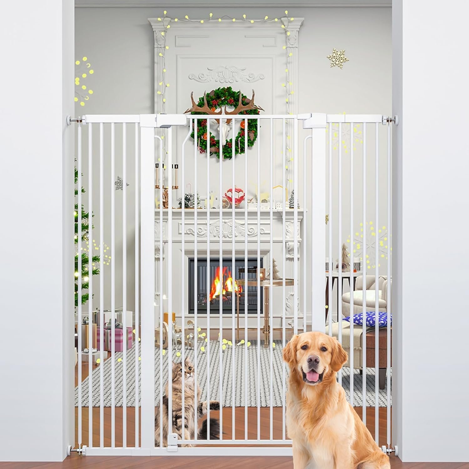 51″ Extra Tall Cat Gate 30″-49.27″ Wide, Auto Close, Pressure Mounted, for Cats & Small Dogs, Hallway, Stairs, Kitchen, Not Baby Gate,White