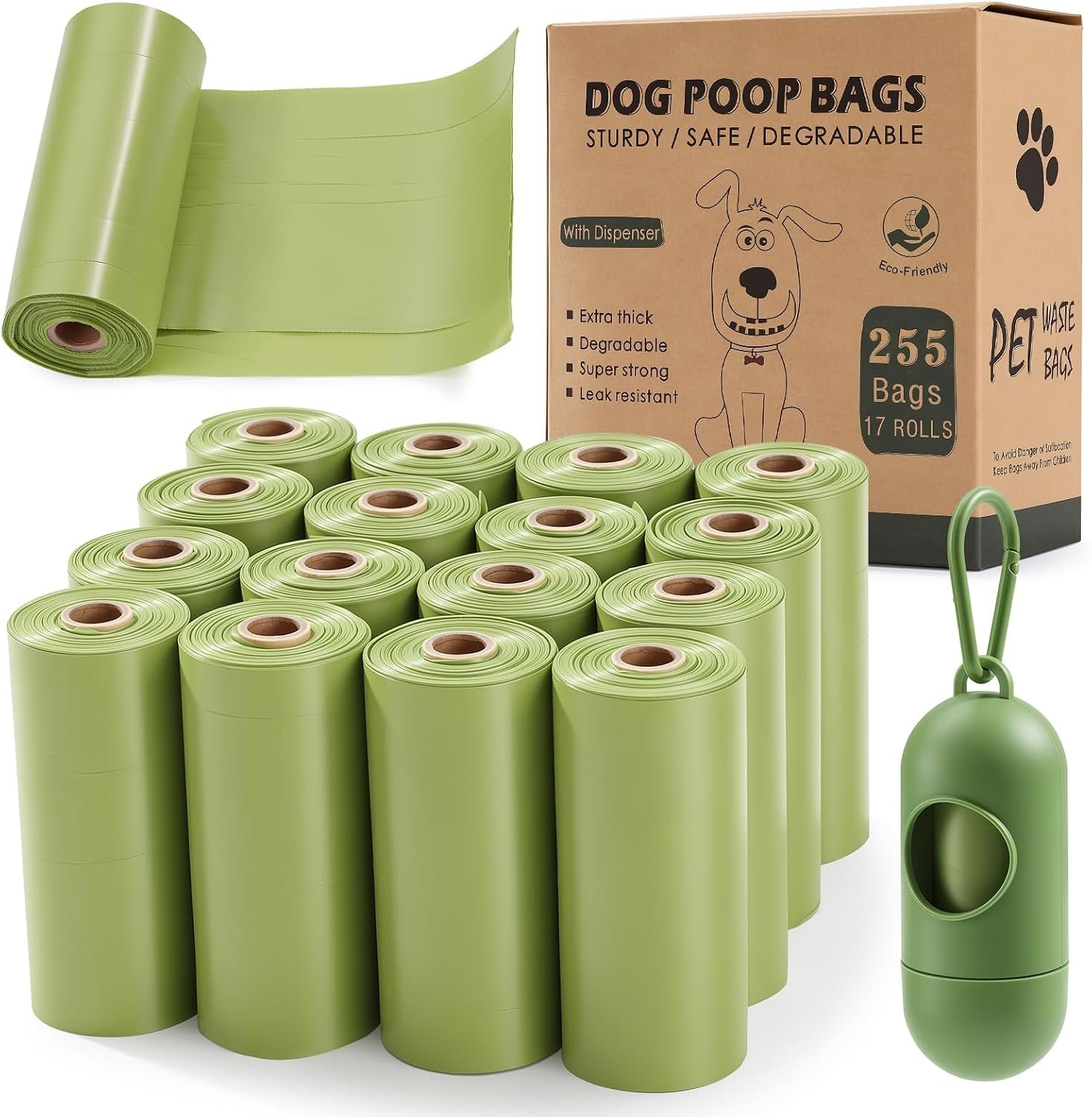 Poop Bags for Dogs 255 Counts with Dispenser and Leash Clip, Leak Proof