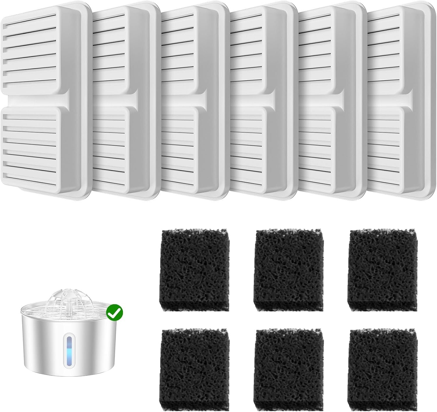 Replacement Filter for BalimoPet Cat Water Fountain – 6 Packs Pet Water Bowl Filters – 6 Filters & 6 Sponges Set Stainless Steel Cats Water Dispenser – Activated Carbon Foam Filtered Refill