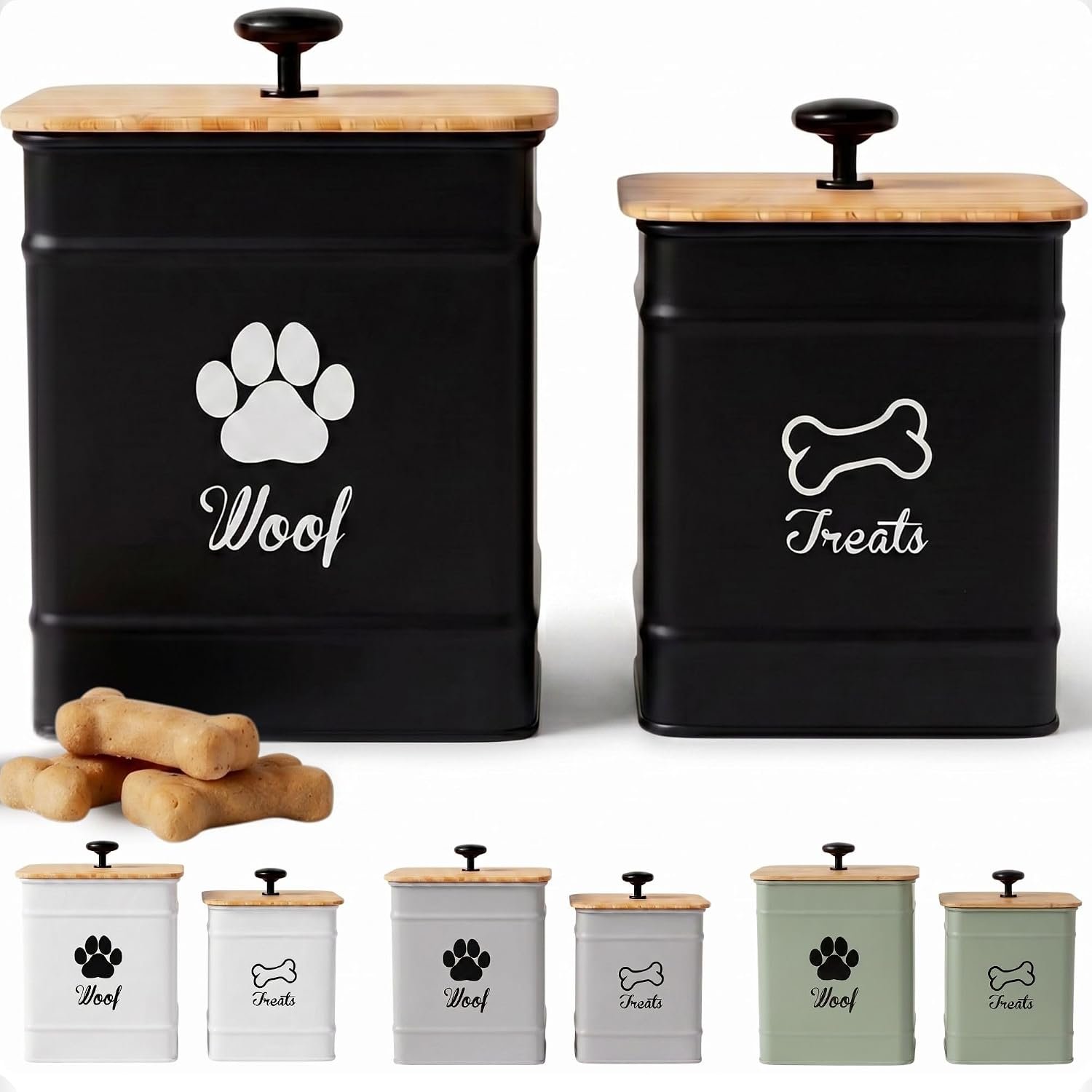 Dog Treat Container Airtight Set of 2 – 8×6 & 7×5 inch Iron Dog Treat Jars for Kitchen Counter with Airtight Bamboo Lids – 20 Cup Capacity Pet Treat Container Set – Doggie Cookie Jar – Treats Canister