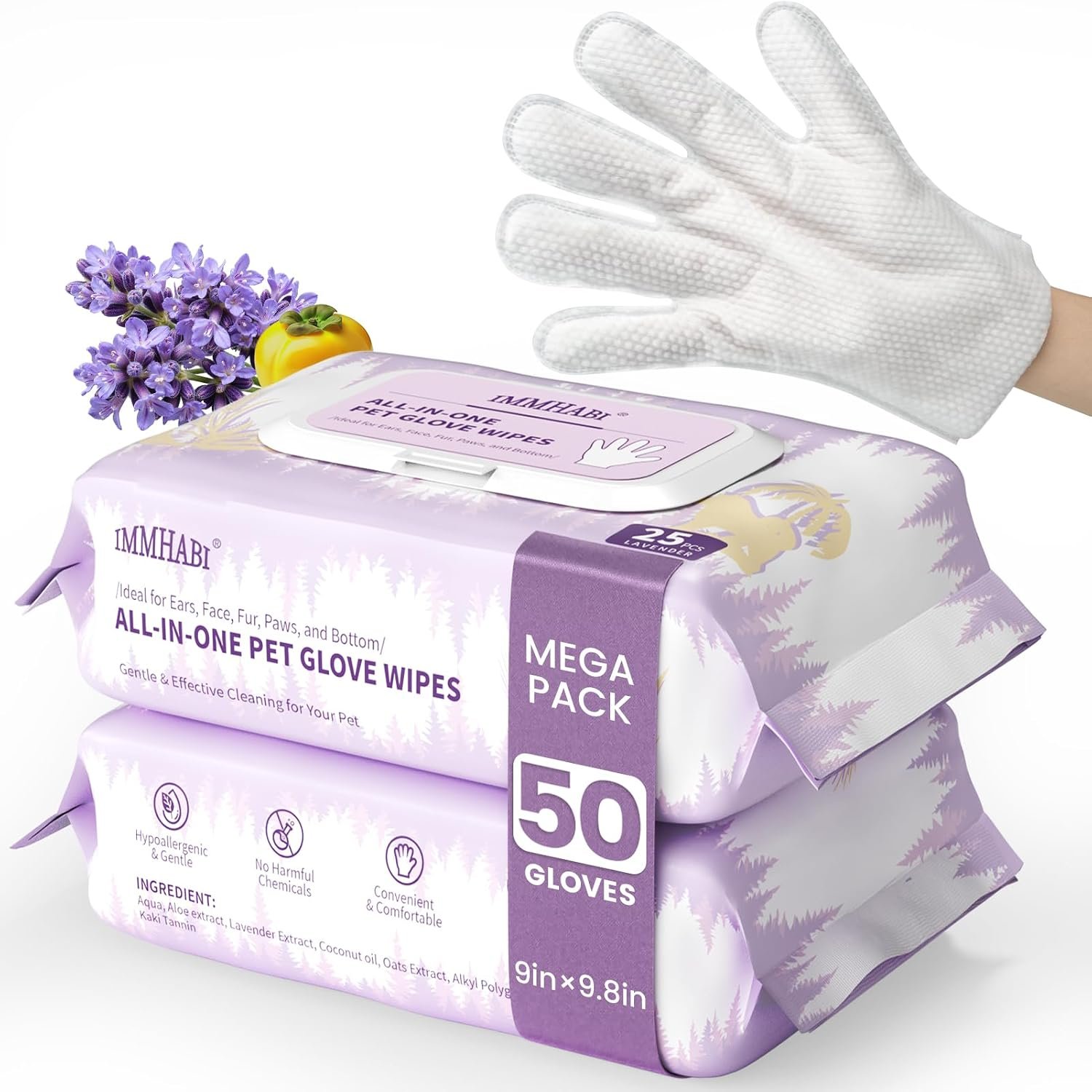 IMMHABI Hypoallergenic Pet Glove Wipes for Dogs & Cats, 50 Count