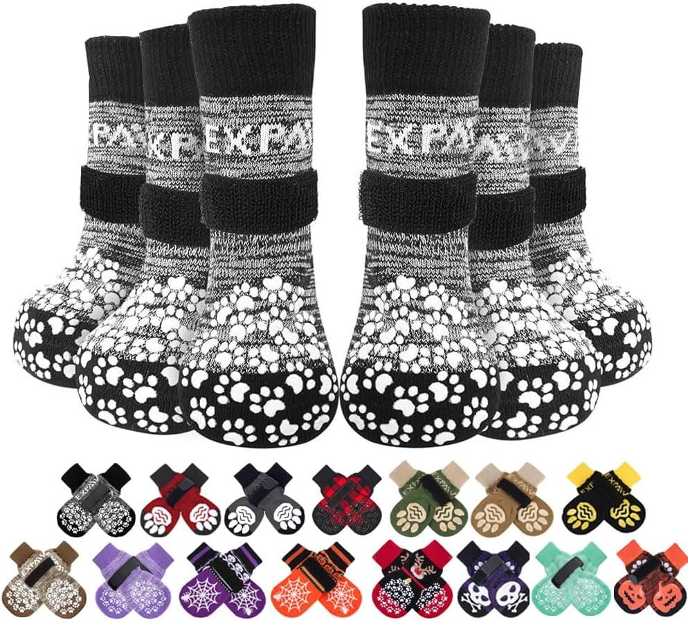 EXPAWLORER 6Pcs Anti-Slip Dog Socks to Prevent Licking Paws,Dog Shoes for Hot Pavement,Dog Booties Traction Control on Hardwood Floor,Boots & Paw Protectors, for Puppy Small Medium Large Senior Dogs