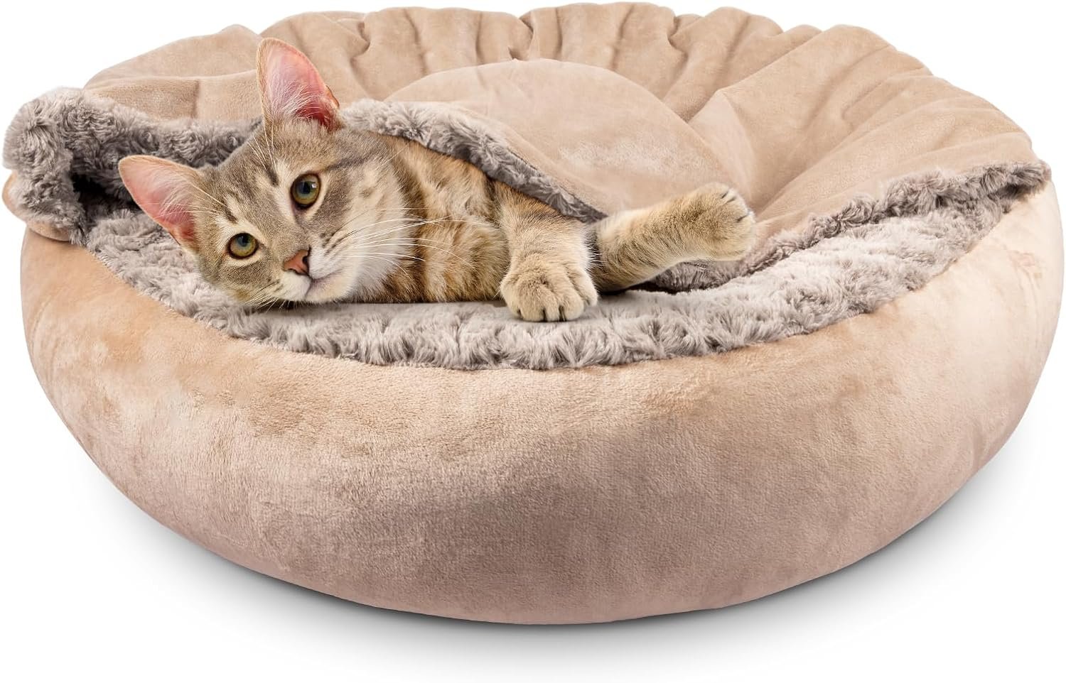JOEJOY Small Dog Cat Bed With Hooded Blanket, Cozy Cuddler Luxury Puppy Pet Donut Round Calming Anti-Anxiety Burrow Cave – Anti-Slip Bottom, Machine Washable, 23 Inch