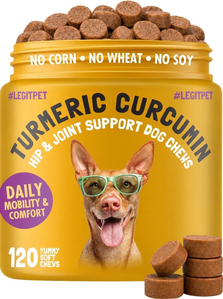 Turmeric Curcumin Hip & Joint Dogs Supplement Anti-Inflammatory Support for Arthritis & Mobility with Collagen & BioPerine Pain Relief Antioxidant Digestive Cardiovascular and Liver Health 120 Chews