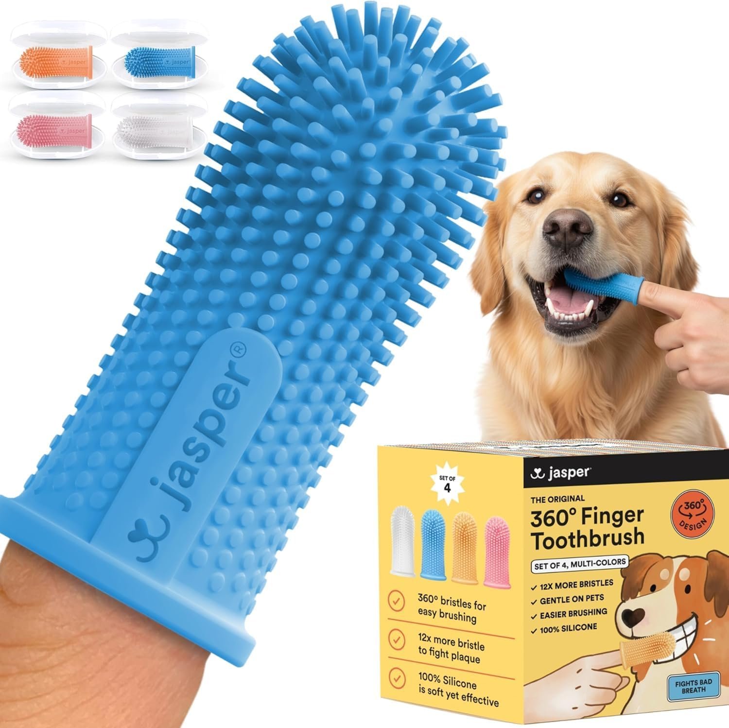 Jasper Dog Toothbrush, 360° Finger Toothbrush for Dogs, Multicolor 4-Pack
