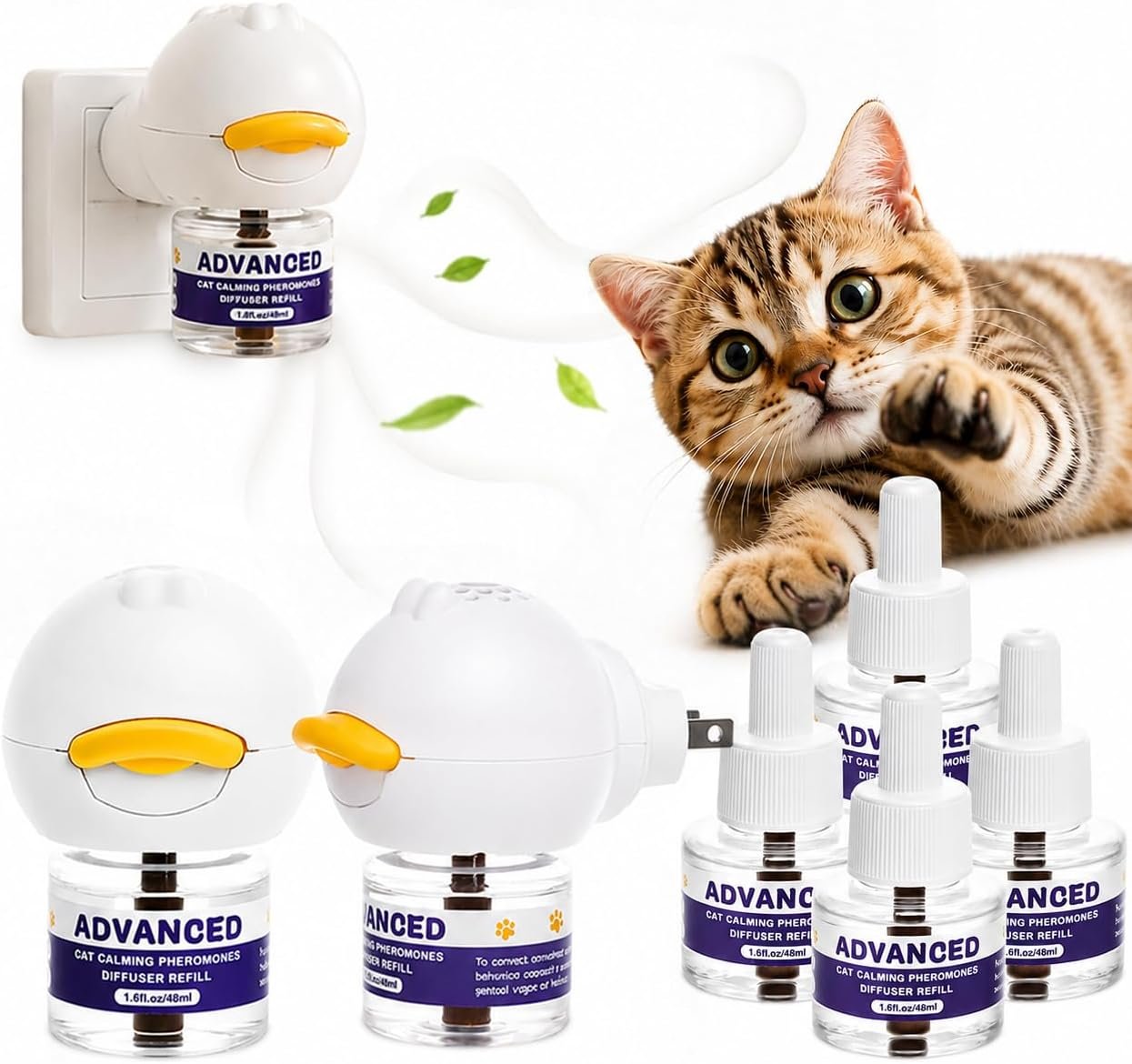 Cat Calming Diffuser with Advanced Pheromone Technology, 120 Days Plug in Diffuser for Multi Cat Home, Reduce Stress, Urine Spraying, Scratching, Hiding, Support Calm Behavior, 2 Diffusers, 4 Refills