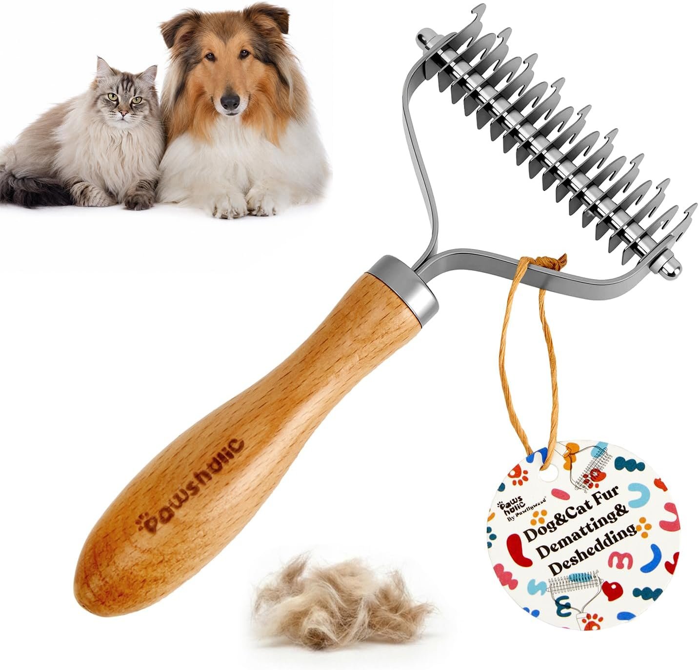 Undercoat Rake for Dogs – Professional Pet Shedding Dematting Comb with Wood Handle, Stainless Steel Blades for Pet Cats Dogs Matted Hair Tangles Removing