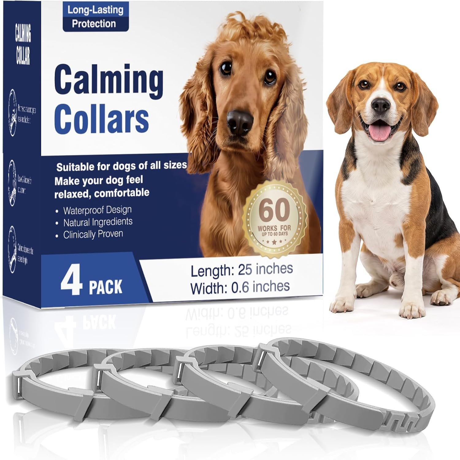 Dog Calming Collar 4 Pack, Up to 60 Days Calm Support, 25-Inch Adjustable Flexible Collar for Small Medium Large Dogs, Comfort Collar for Travel, Grooming, Vet Visits & Thunderstorms