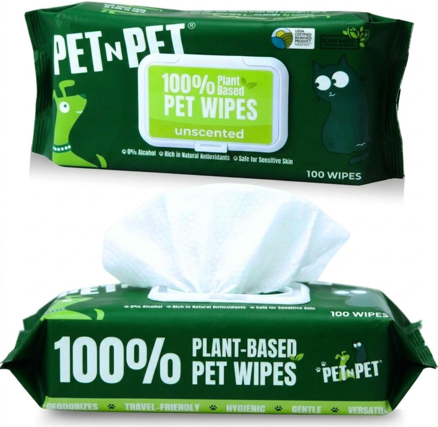PET N PET Dog Wipes, 100 Count, Unscented Hypoallergenic Pet 8×8 Paws Care