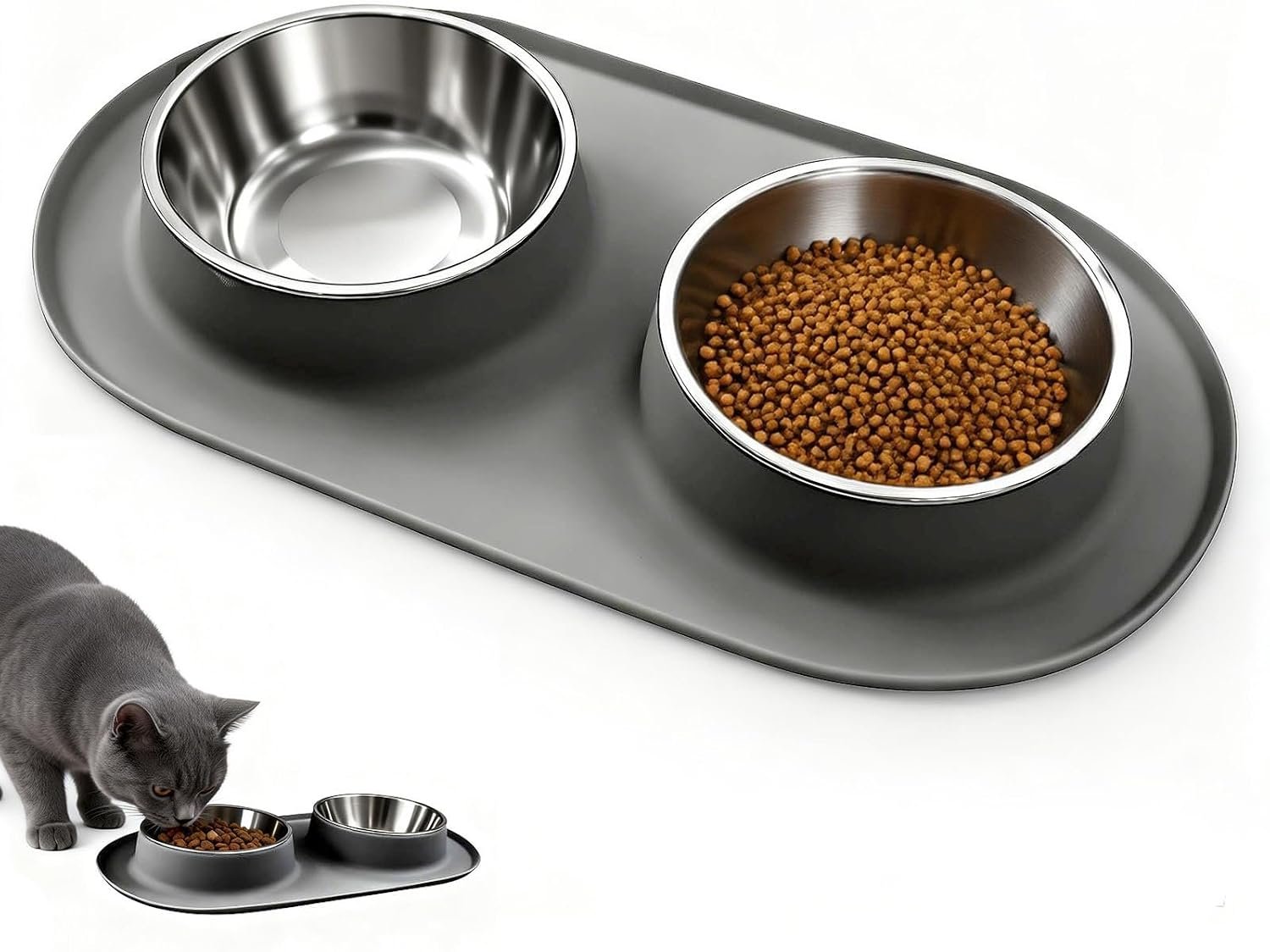 Double Cat Food Bowls with Silicone Base, Stainless Steel Dishes, Non-Slip Feeding & Water Station, Easy-Clean Pet Bowls for Cats, 1.75-Cup Capacity Each, Grey