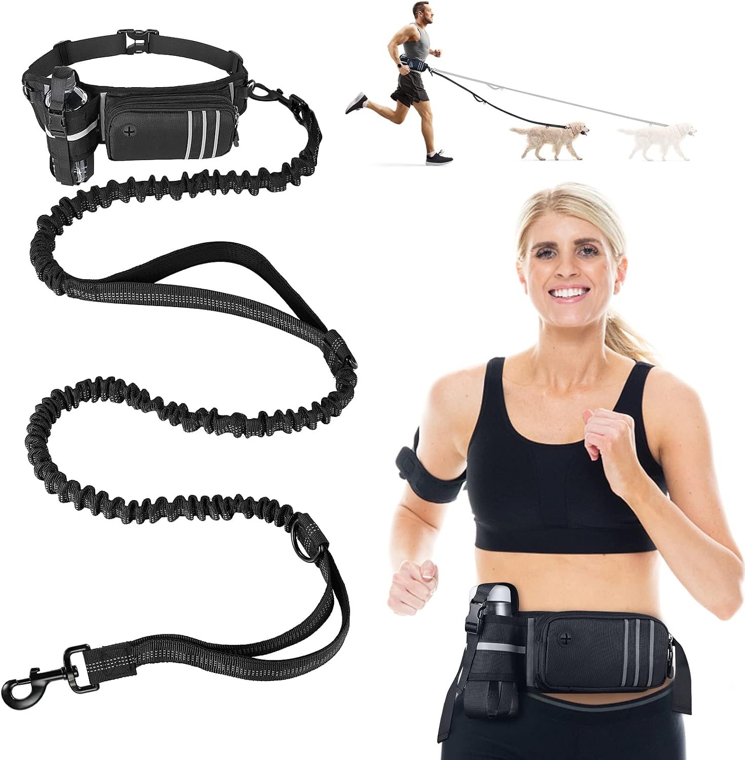 Hands Free Running Dog Leash with Storage Waist Belt, Shock-Absorbing Bungee Lead, Water Bottle Holder & Dual Handles for Walking, Hiking & Training Medium Large Dogs