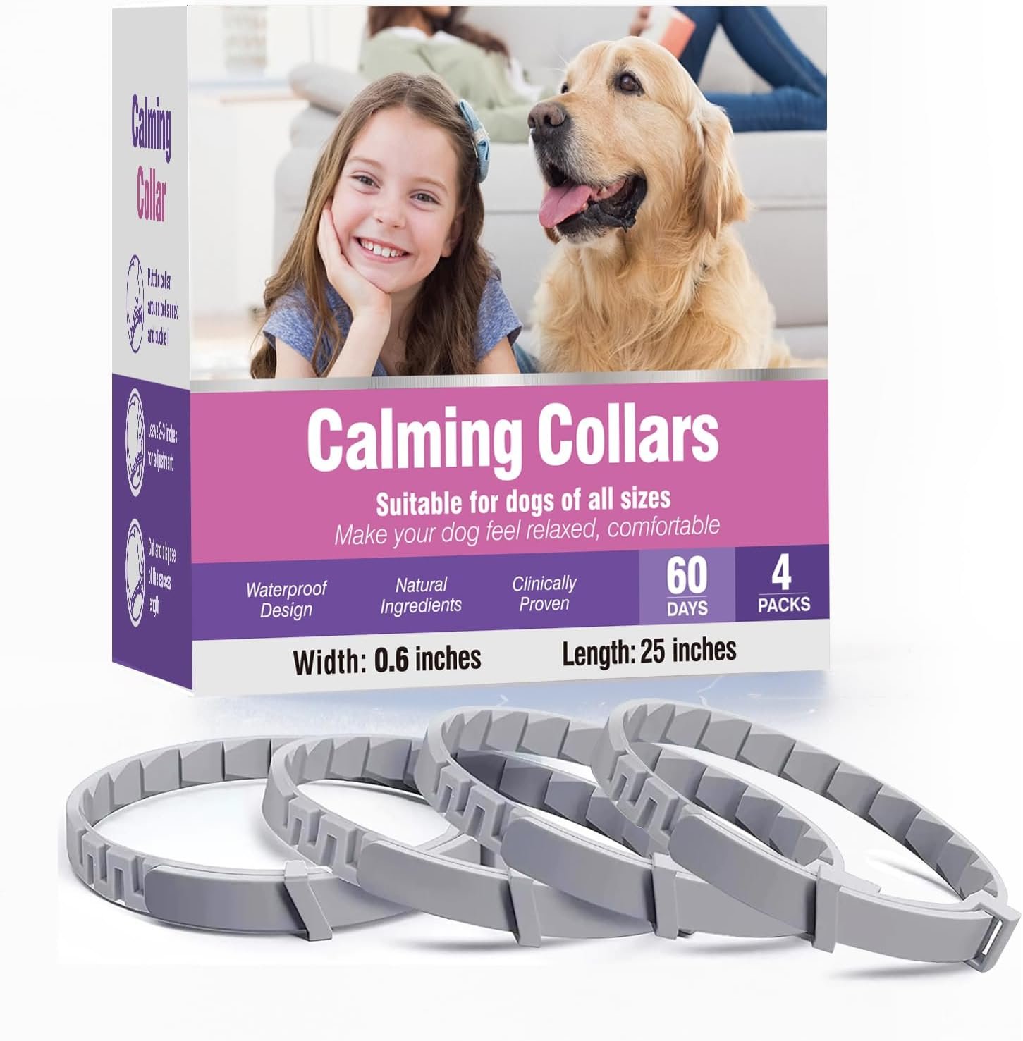 Tcllka Relief Anxiety Stress Separation 25 Inches Size Flexible Adjustable for All Small Medium and Large Dog Calming Collar for Dogs 4 Packs