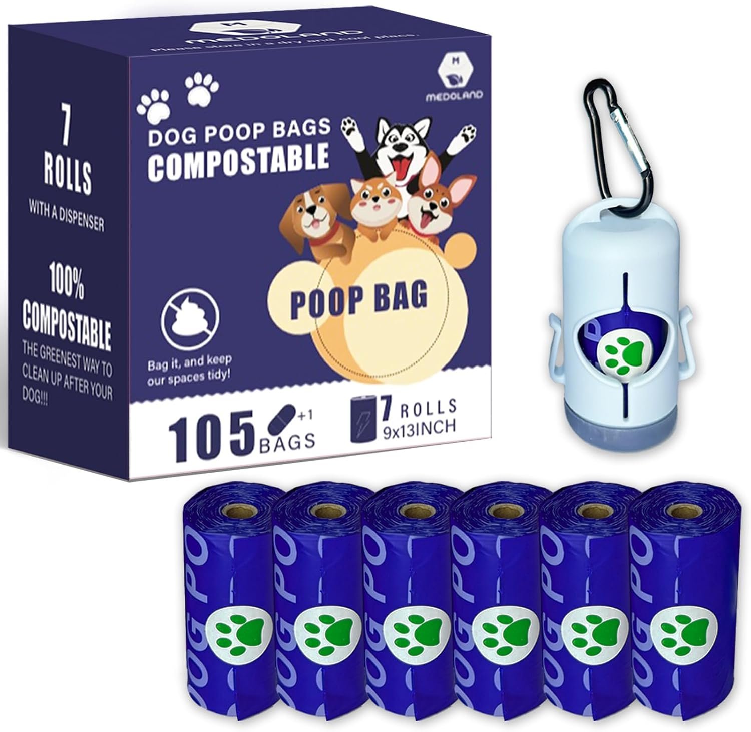 Compostable Dog Poop Bags BPI Certified Biodegradable Pet Waste Bags Leak-Proof Thickened and Opaque Eco Design (7 rolls & a dispenser)