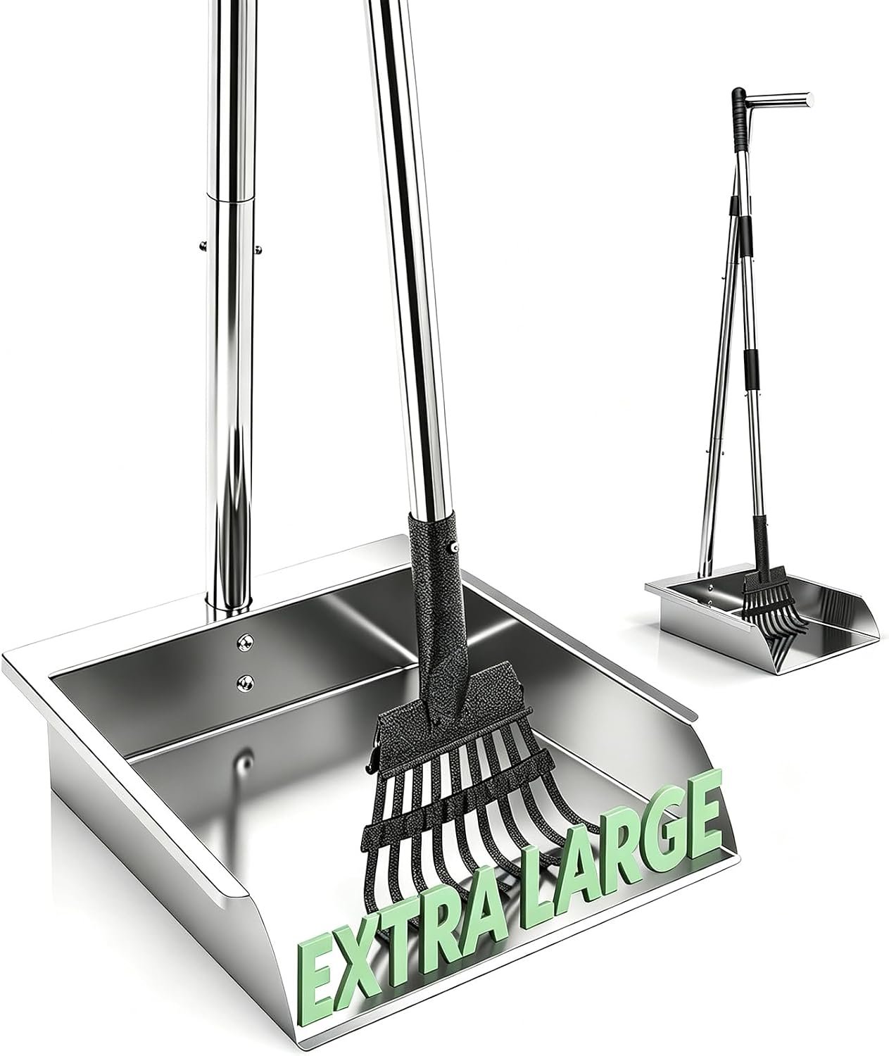 Metal Dog Pooper Scooper with Long Handle Rake and Tray Set for Large Dogs.