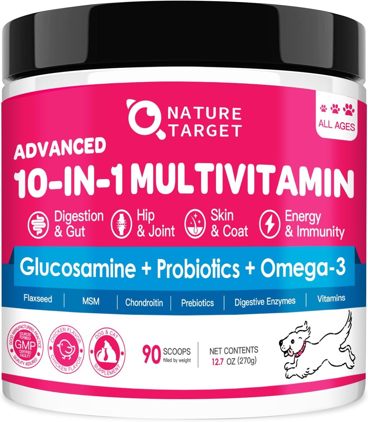 NATURE TARGET Dog Vitamins Powder, Probiotics & Digestive Enzymes for Gut Health, Glucosamine & Chondroitin & Omega 3, Complete Supplement for Homemade Dog Food, Joint & Skin & Immune Support