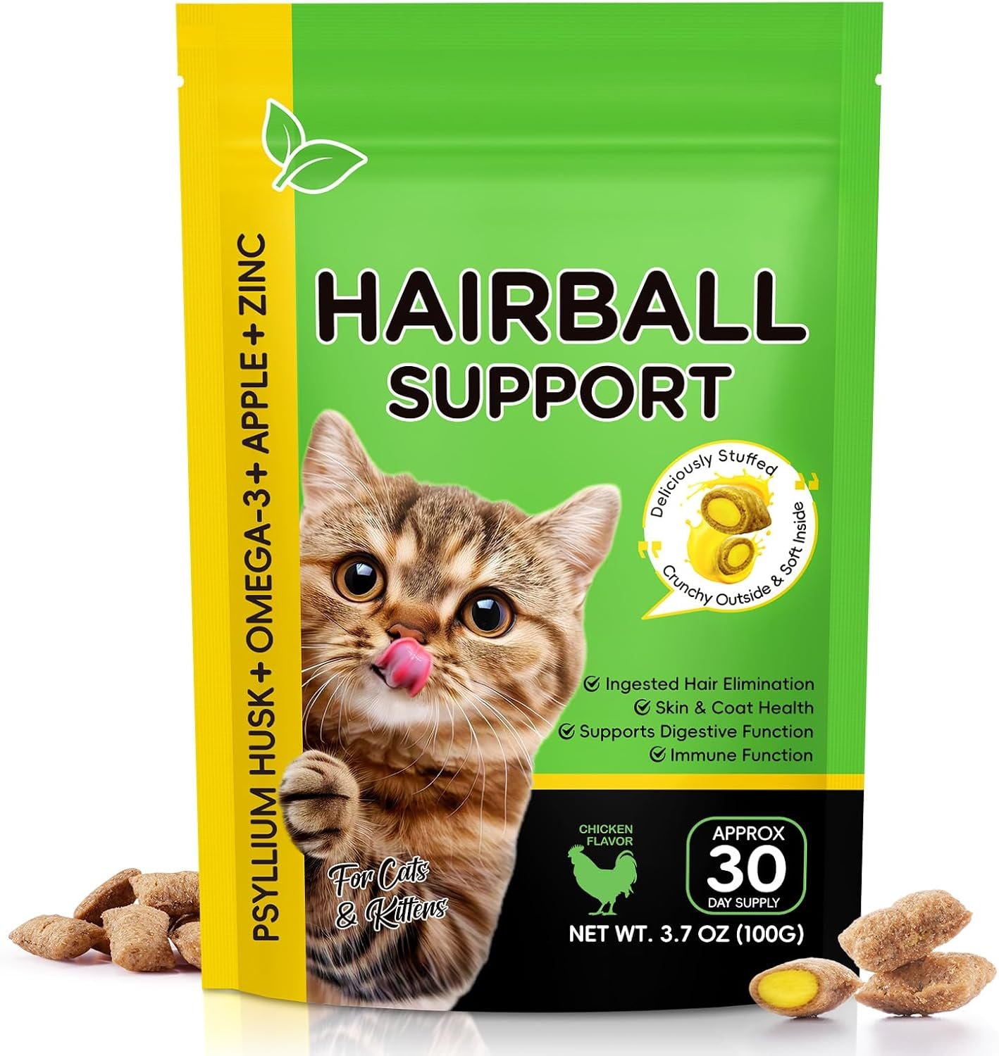 Hairball Treatment for Cats, Hairball Remedy Treats Chews, Cat Furball Treatment, Prevent Hairballs for Indoor Cats, Supports Skin & Coat, Vitamins for Digestion, Chicken Flavor (30 Day Supply)