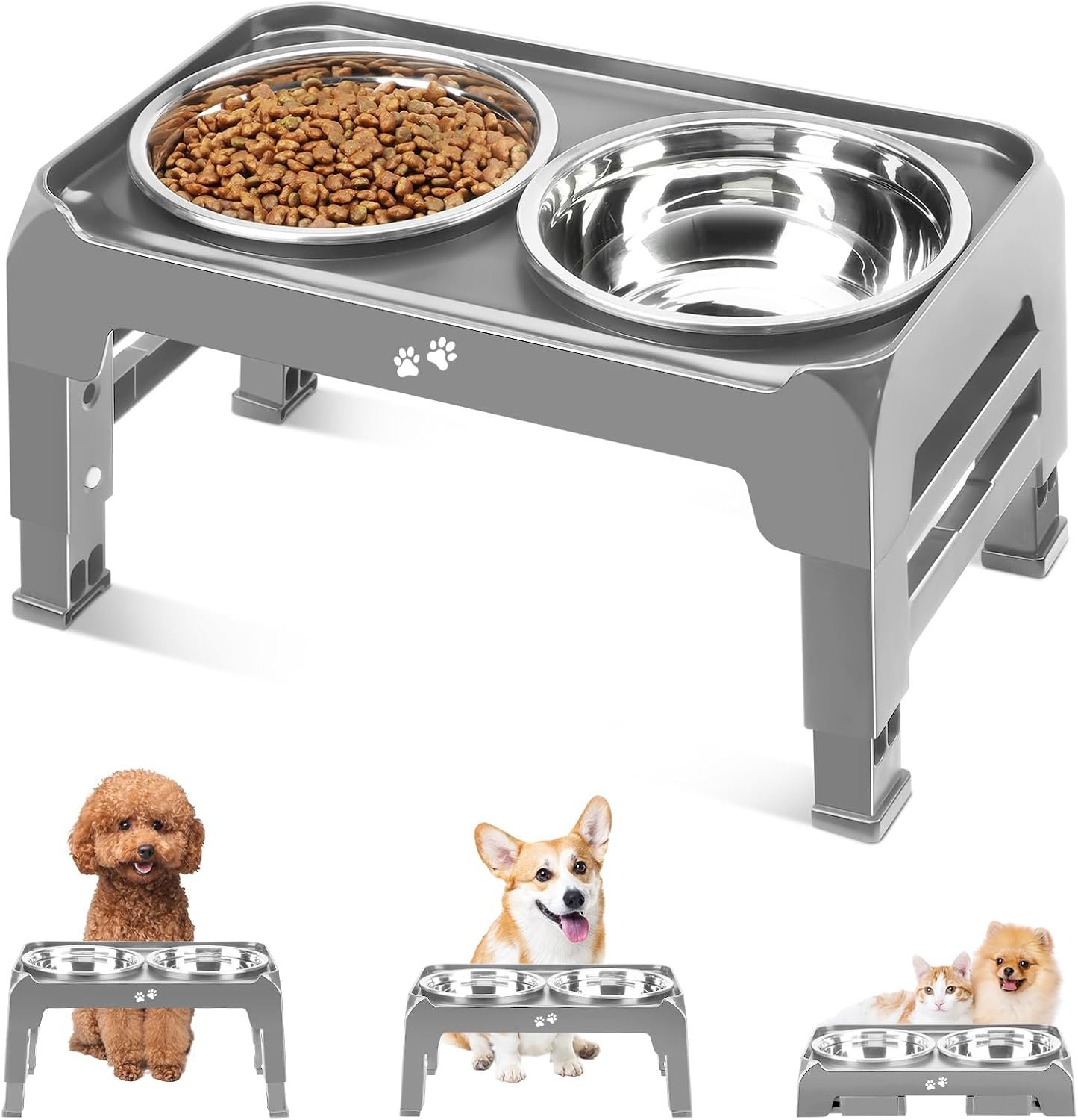 COMESOON Elevated Dog Bowls for Small Medium Dogs, 3 Height Adjustable Raised Stand with 2 Thick 6″ Stainless Steel Food Bowls, Non-Slip Feeder Adjusts to 2.75″, 6″, 7.5″, Grey