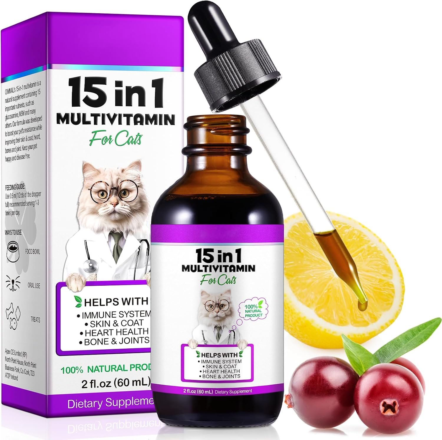 VOSIFSDIY Cat Multivitamin,15 in 1 Cat Vitamins Liquid Drops Supplements for Heart Health, Bones, Joint, Skin & Coat, Bladder, Immune System Support 60ml
