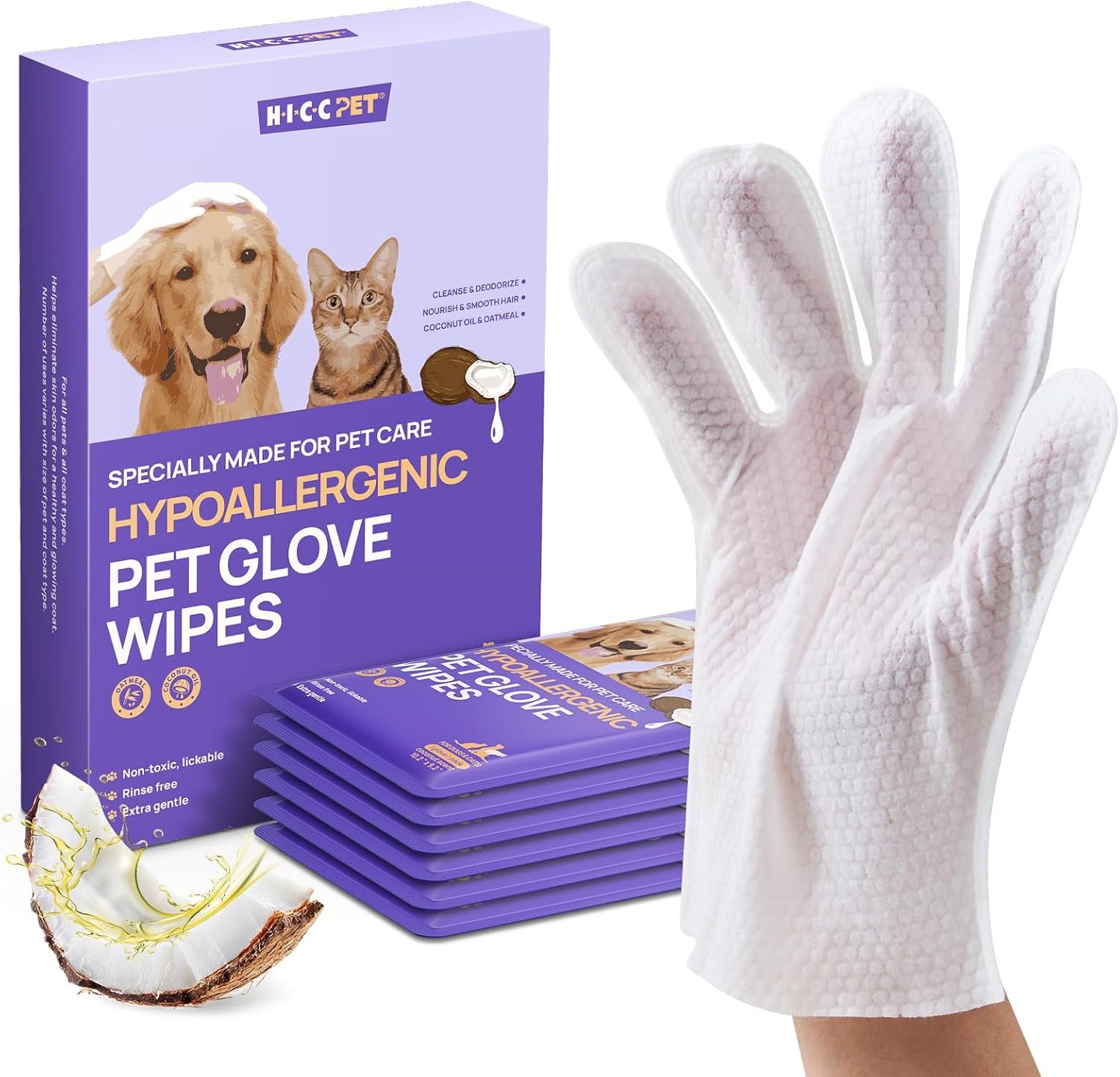 HICC PET Dog Wipes for Dogs & Cats, Individual Glove Packs, 6 Count