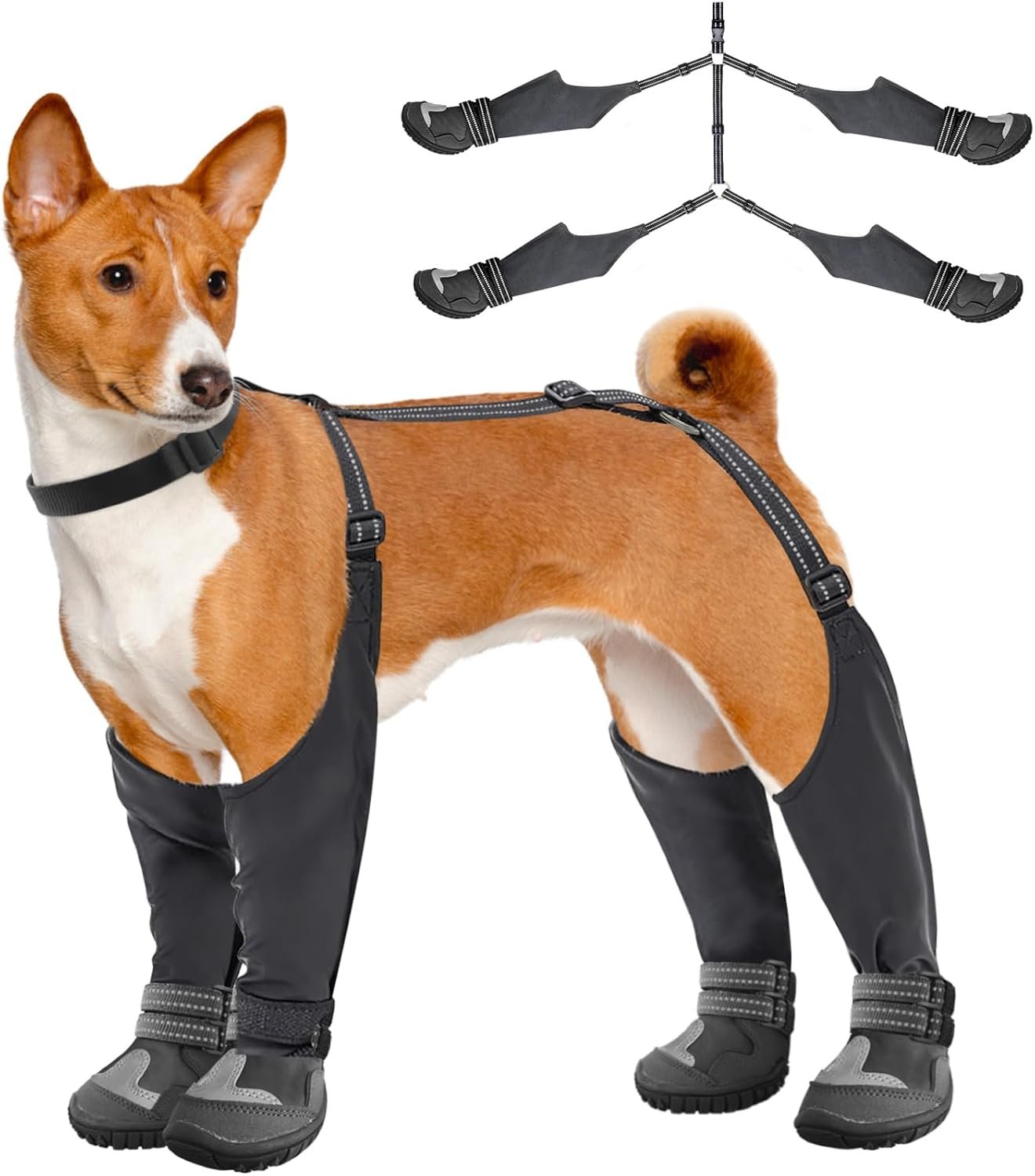 Idepet Dog Suspender Boots, Tall Dog Boots Anti-Slip & Fall Waterproof Shoes Leggings, Adjustable Suspender Boots for Winter Snow Rain Hiking Paws Protector(Black, 3)