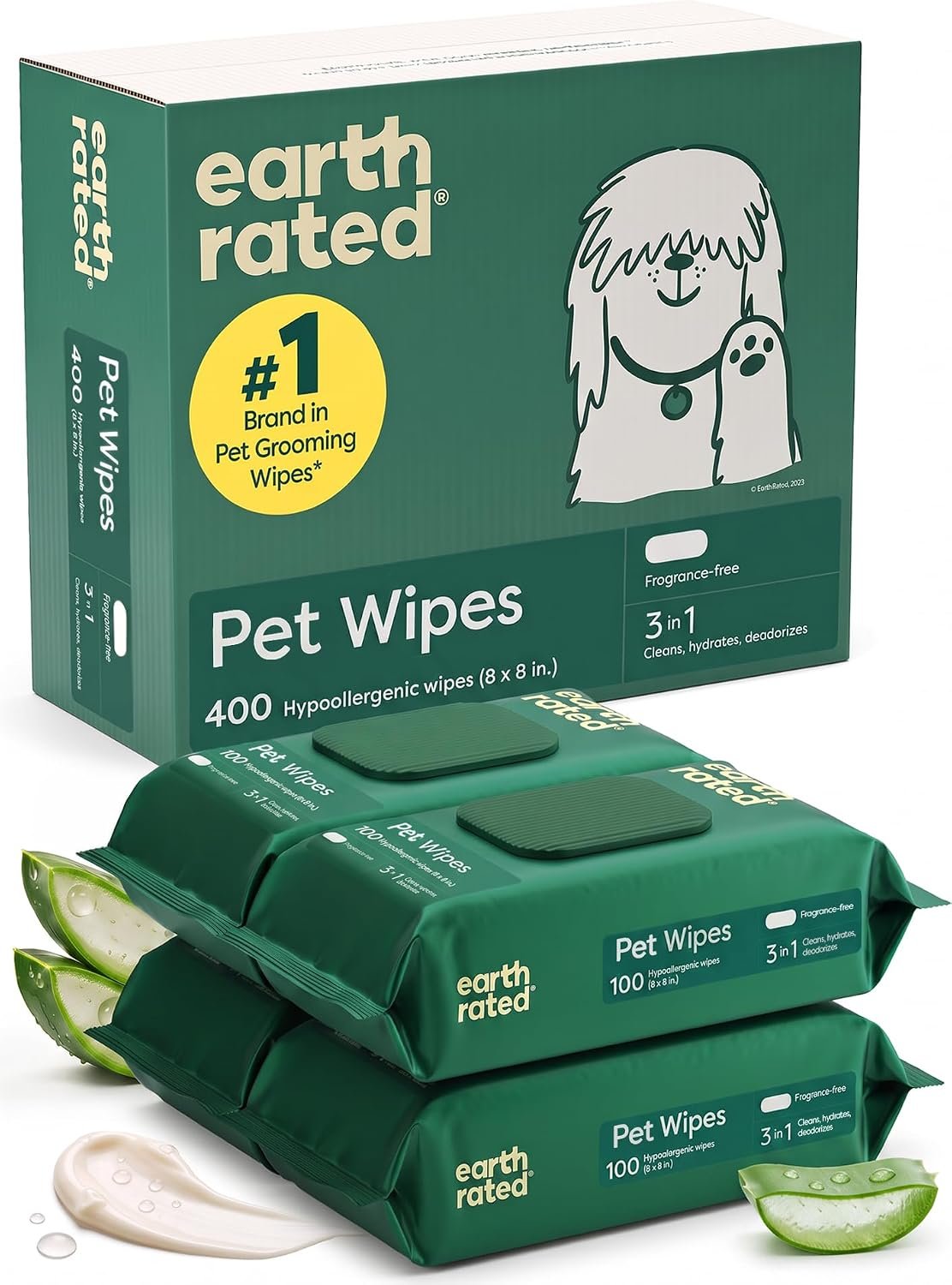 Earth Rated Dog Wipes for Paws & Butt, Deodorizing, Unscented, 400ct