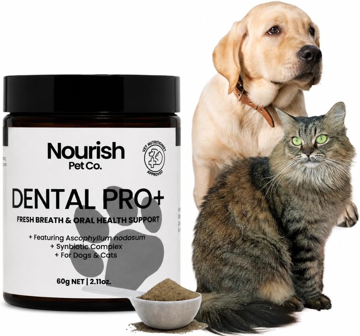 Nourish Pet Co. Dental Pro+ Pet Dental Powder for Dogs & Cats – Dog Teeth Cleaning Powder, Plaque and Tartar Remover, Pet Oral Care Food Topper for Cleaner Teeth & Fresher Breath, 60 Servings