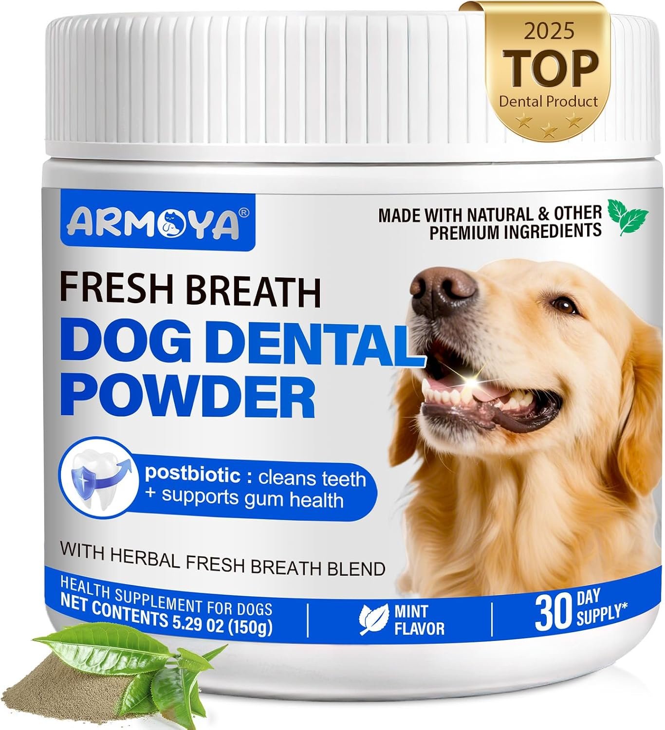 Dog Teeth Cleaning Powder – Dental Powder for Dogs Teeth – Plaque Removal – Supports Gum Health – Tartar Remover with Natural Herb Blend and Postbiotics 30 Day Supply – Mint Flavor