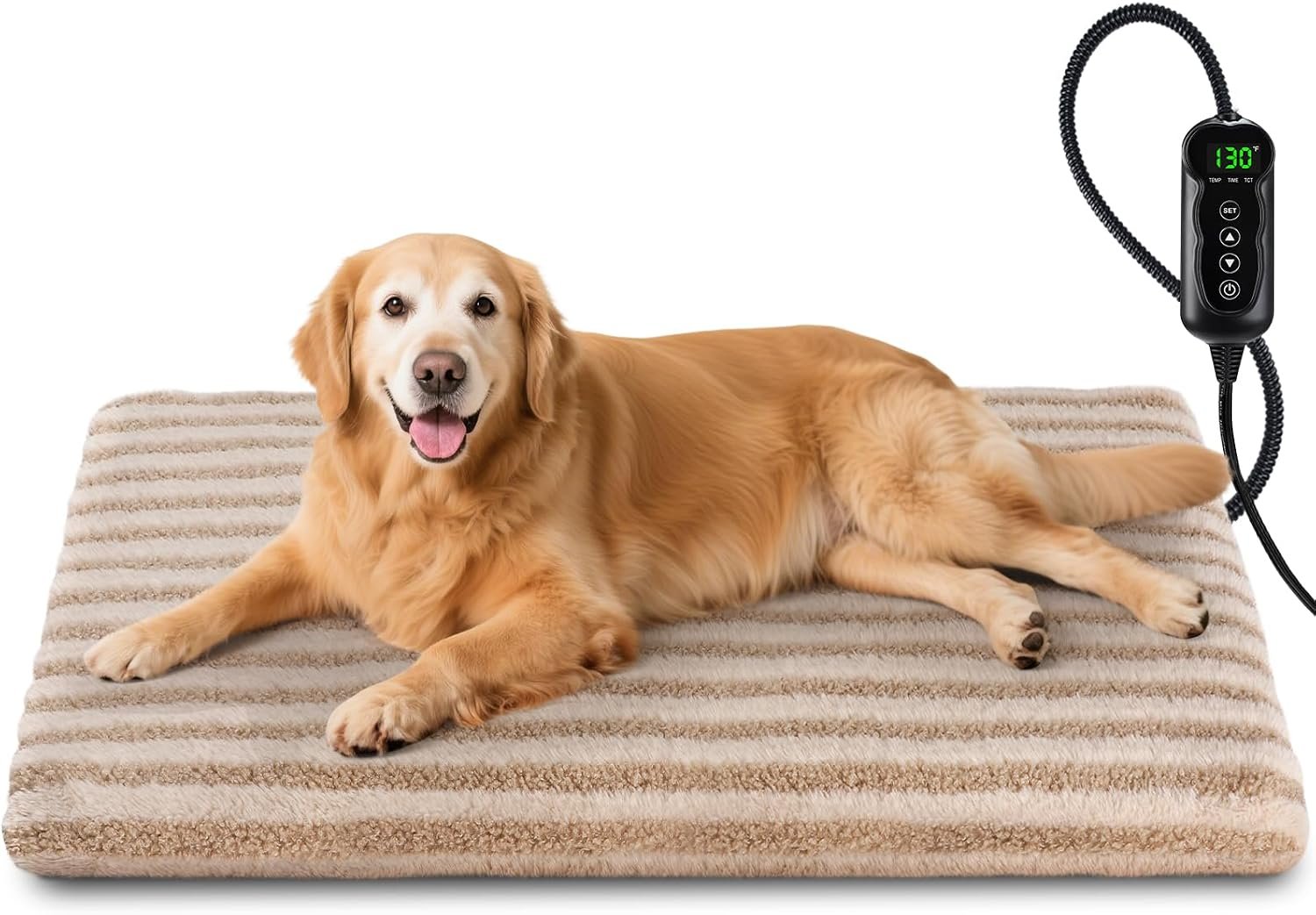 Large Pet Heating Pad, Waterproof Heated Dog Cat Bed with 11 Adjustable Temperatures & 24H Timer, Auto Shut-Off, Chew-Resistant Cord, Washable Cover, Indoor Electric Heating Mat, Beige, L(35″ x 24″)