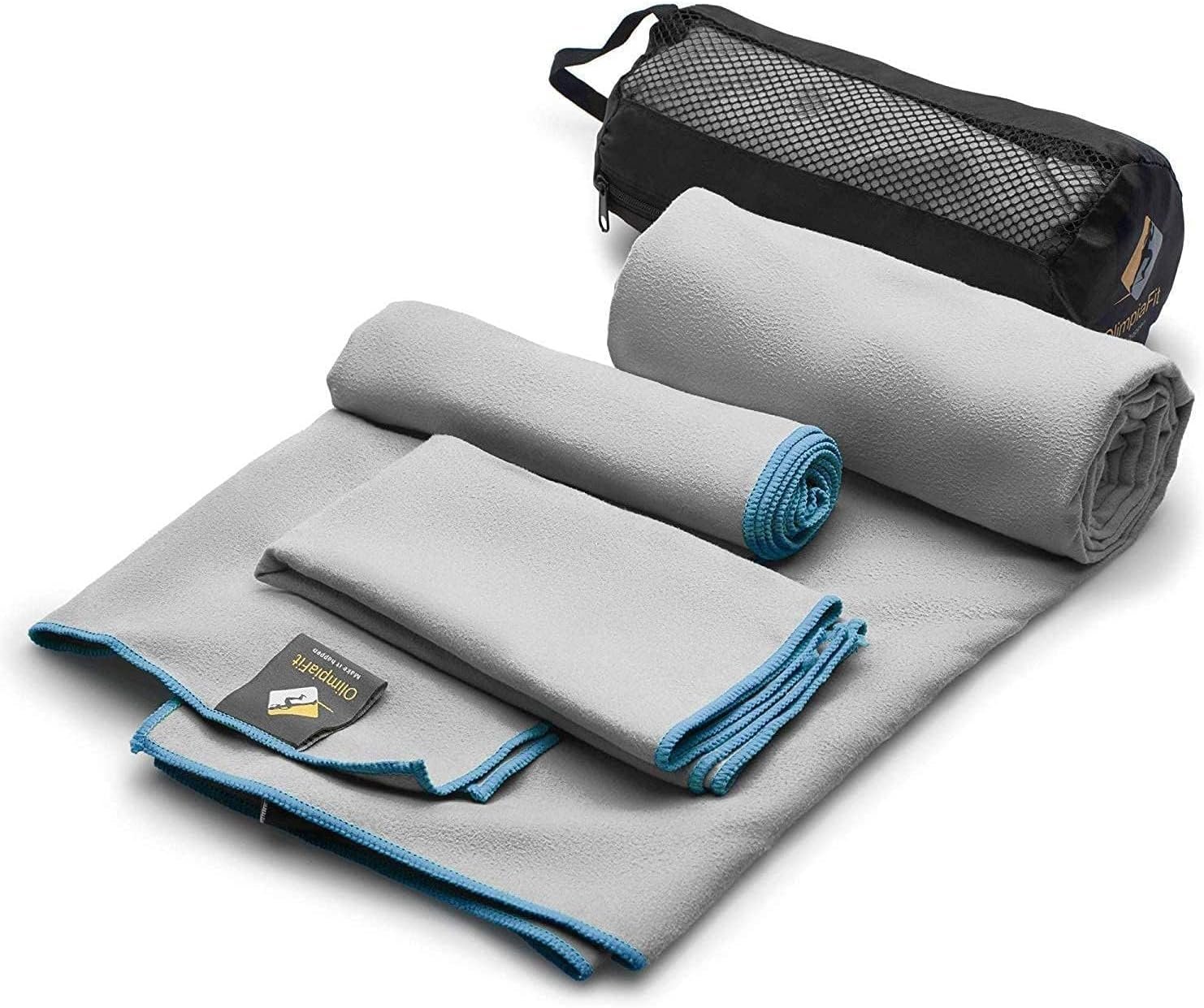 OlimpiaFit Quick Dry Towel – 3 Size Pack of Lightweight Microfiber Travel Towels w/Bag – Fast Drying Towel Set for Camping, Beach, Gym, Backpacking, Sports, Yoga & Swim Use