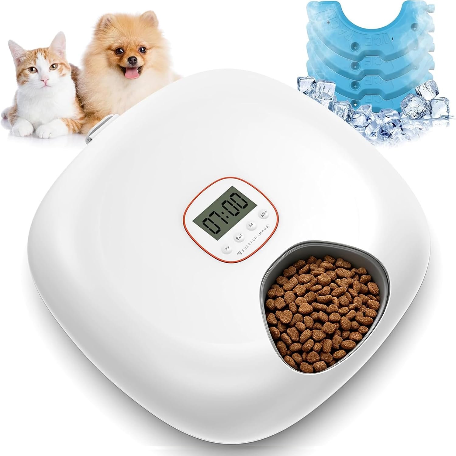 Automatic Cat Feeder Wireless, Sharper Image Auto Cat Food Dispenser for Wet Food with 4 Ice Packs, Rechargeable Auto Feeder for Cats with Programmable Timer Low Battery Indicator, White