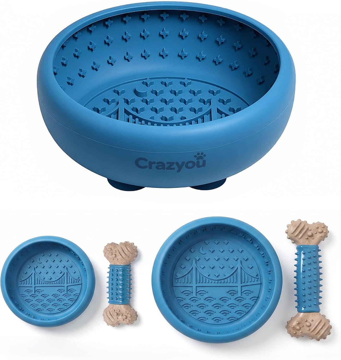 Dog Lick Bowl with Bone Chew Toy, Silicone Slow Feeder Lick Mat (Blue, L)