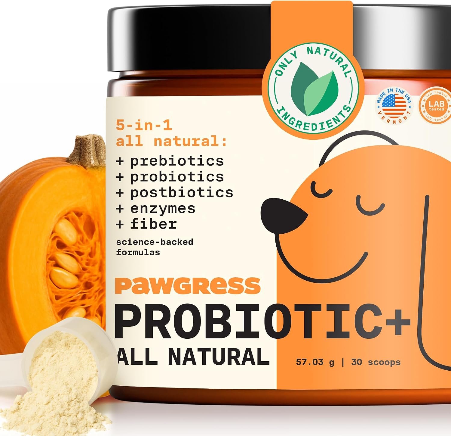 5-in-1 Dog Probiotic Powder – 100% Natural Gut Health Support with Prebiotics, Postbiotics & Enzymes – Made in USA – 30 Scoops