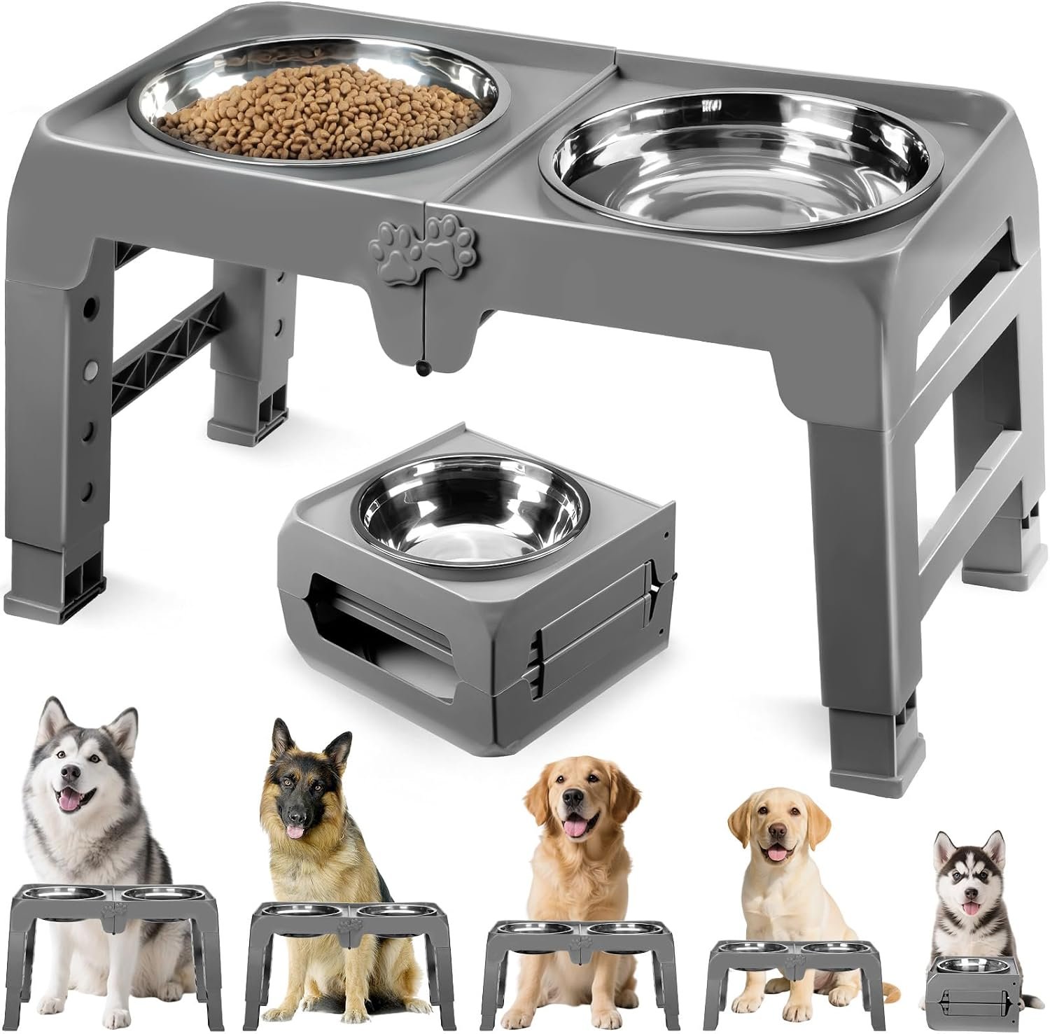 Elevated Dog Bowls for Large Dogs 5 Adjustable Heights 7.5″-15.4″, 2 X-Large 10” Stainless Steel Bowls, Heavy Duty Raised Dog Bowl Stand Foldable Pet Feeder for Dogs Shoulder Height Over 15”, Grey