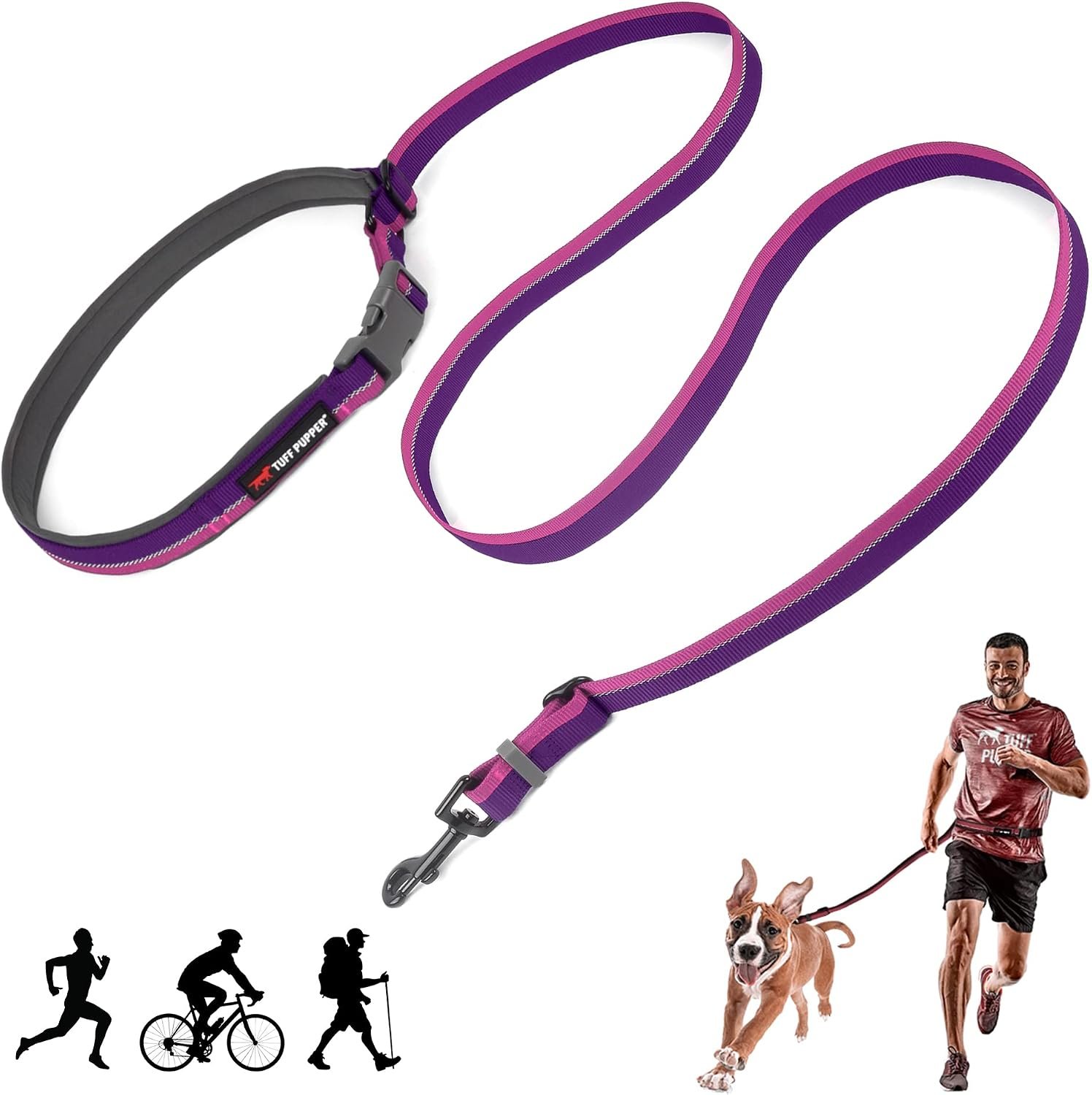 Tuff Pupper Hands Free Adjustable Length Dog Leash | Lightweight for Running Jogging Walking | Padded Waist Belt (24-50 inch) | Adjusts 3 to 6 Feet Length | Strong Ballistic Nylon w/Reflective Strips