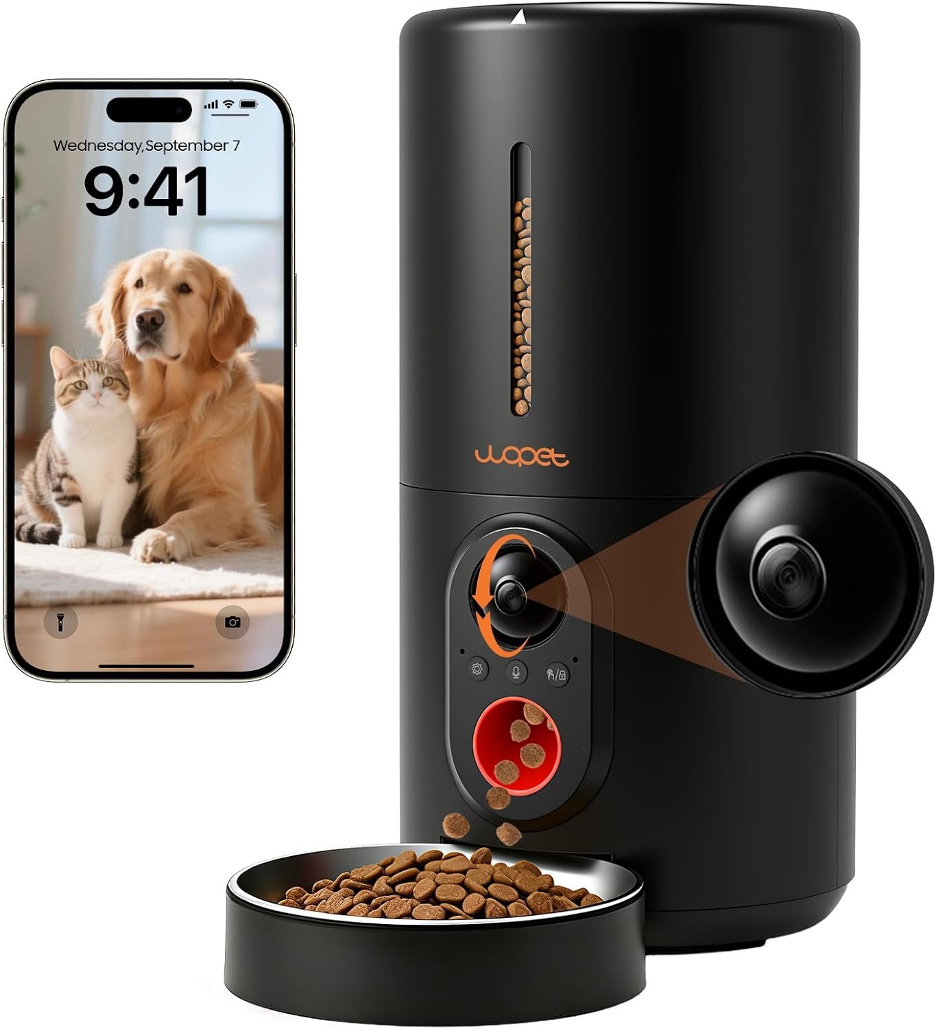 WOPET Automatic Dog Feeder with Camera,1080P HD Video with Night Vision, 5GHz/2.4GHz Dog Food Dispenser with App Control, 4GB SD Card, 2-Way Audio for Cats & Dogs