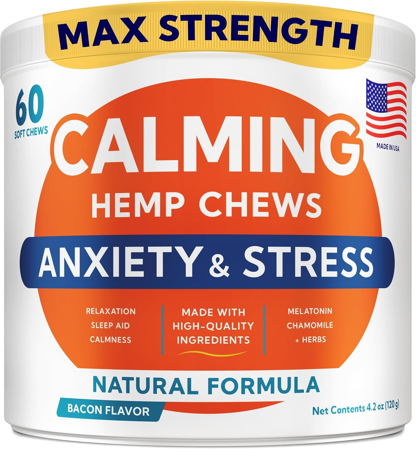 Advanced Calming Chews for Dogs – Hemp Treat + Melatonin + Valerian – Relaxing Bites – Calming Care – Stress Relief – Made in USA – Calm, Sleep Aid, Storms – 60Ct