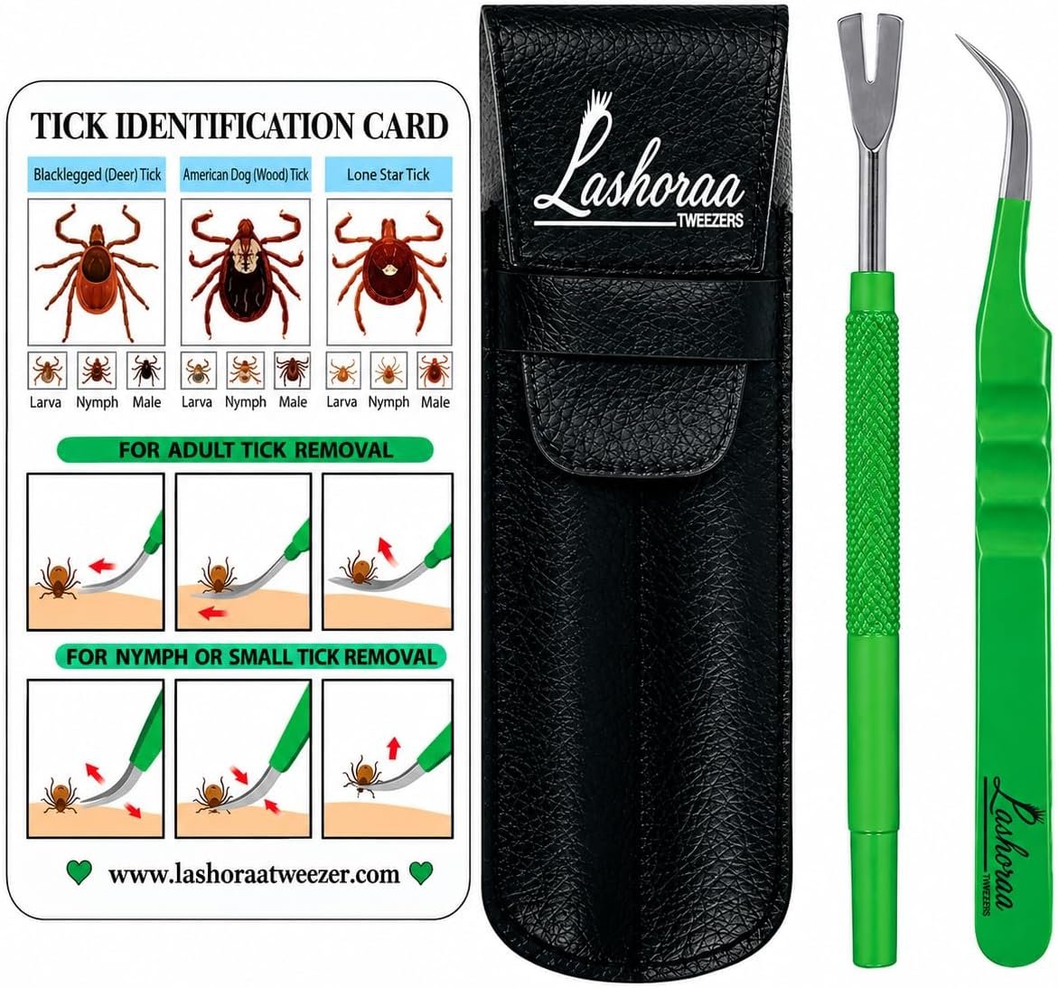 Tick Removal Tool Kit – Stainless Steel Tweezer & Tick Remover for Humans, Dogs, Cats & Other Pets- Dog Tick Remover Tools with Leather Case & Tick Identification Chart- Flea+Tick Removal Kit