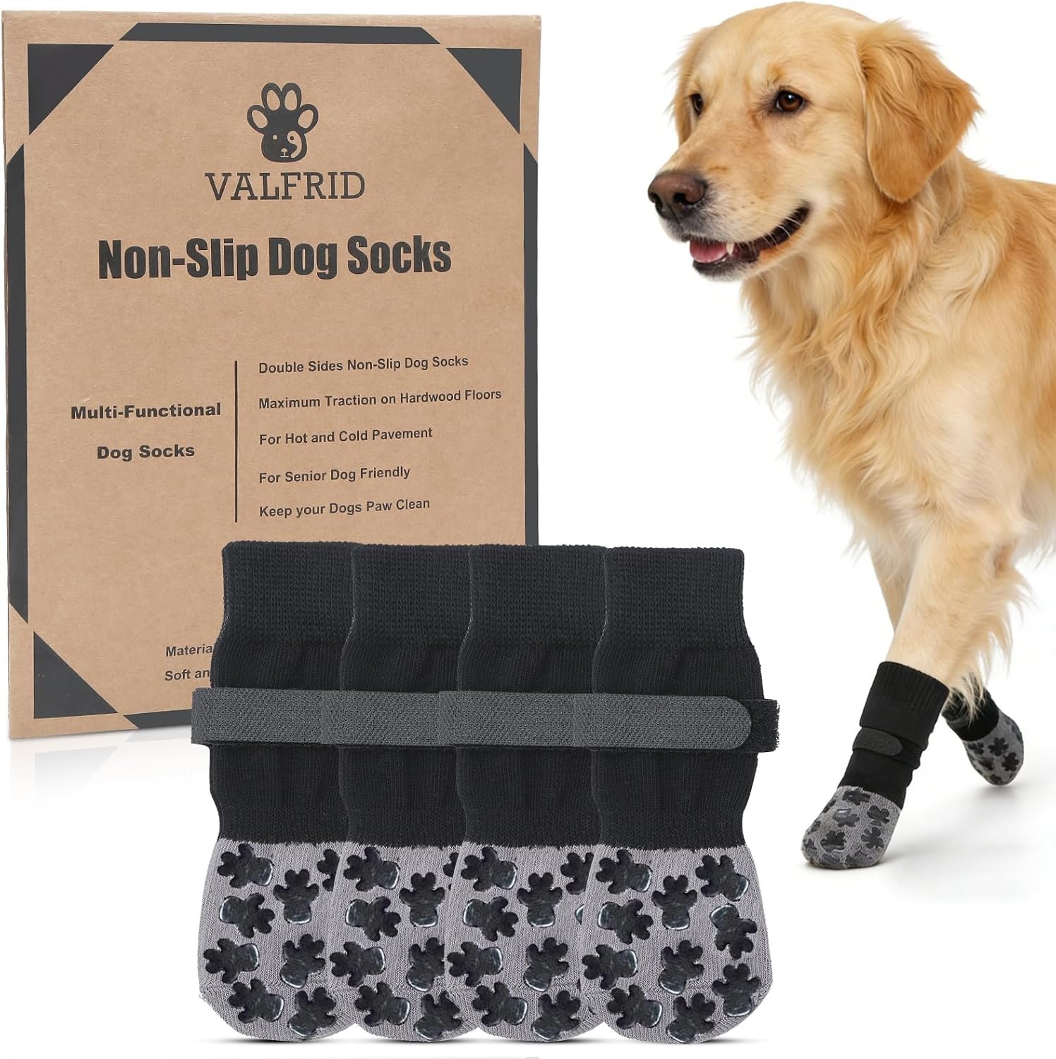‌VALFRID Non-Slip Dog Socks with Double Sides Grips, and Durable Dogs Grip Socks,Hardwood Floors Anti-Slip,Dog Booties for Small Medium Large Dogs M