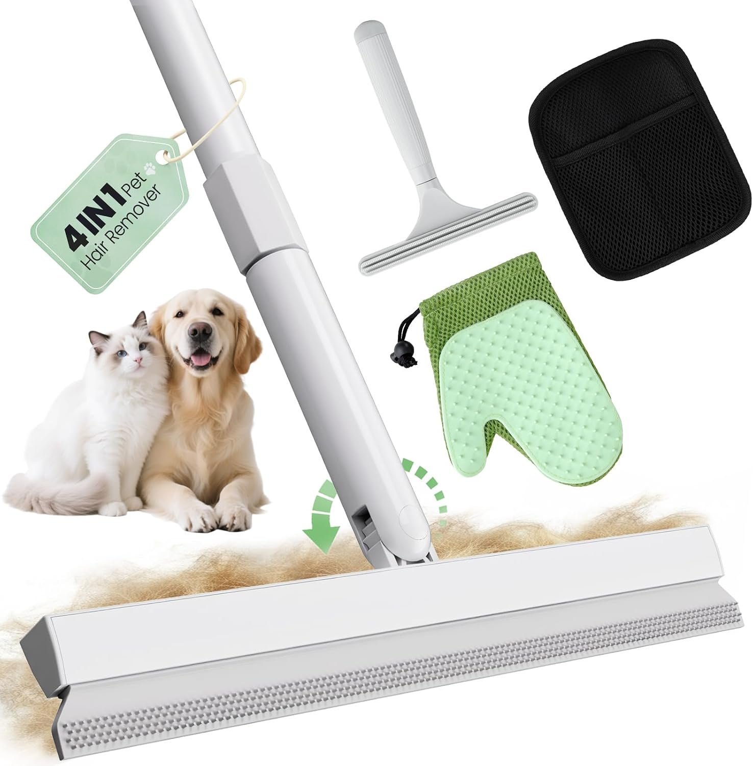 Carpet Rake for Pet Hair Removal Tool – 4 in 1 Pet Hair Remover Kit for Dog Cat Fur Remover, Contain 60″ Adjustable Rubber Broom, Glove, Magic Brush and Scraper for Furniture,Short Pile Carpets, Mats