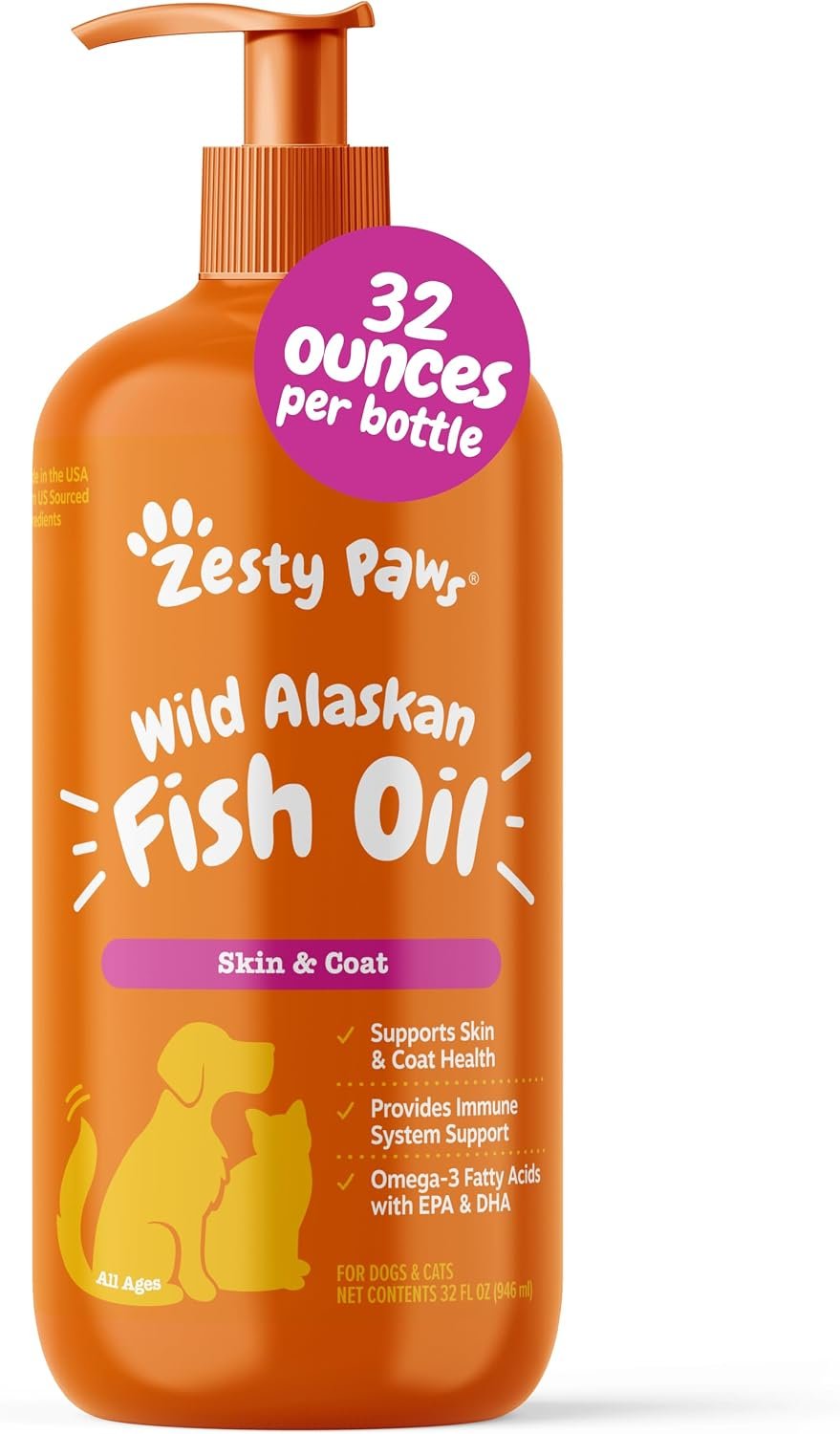 Zesty Paws Fish Oil for Dogs & Cats – Omega 3 for Dogs, 32 oz