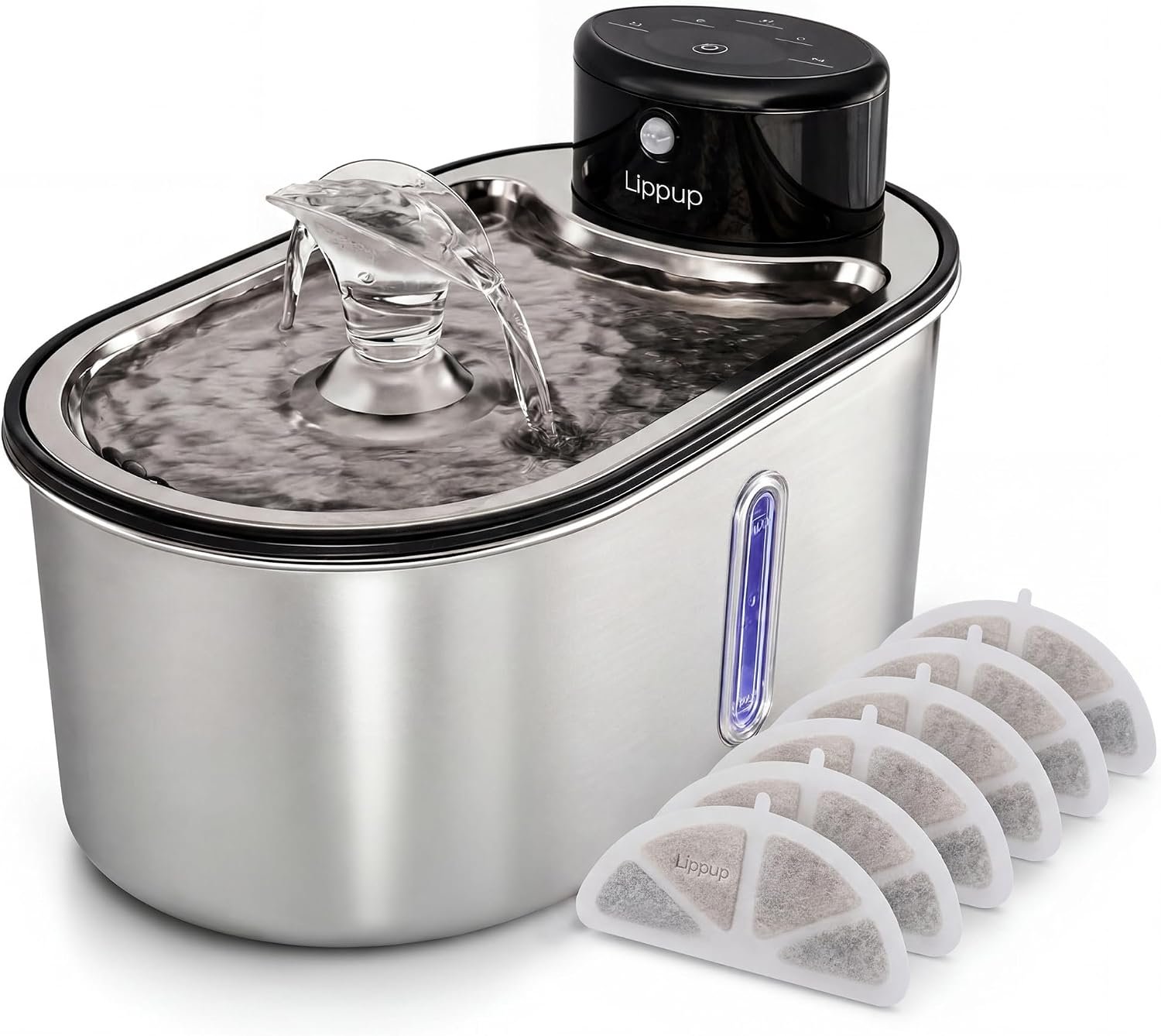 Wireless Cat Water Fountain Stainless Steel 108oz/3.2L, Cordless, Battery Operated Cat Fountain (Last up to 50 Days), Ultra Quiet, 2 Flow Modes, Multi-Filtration, BPA Free – Black +6 Filters
